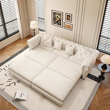 Queen Sleeper Sofa Bed with Movable Ottoman, 3 in 1 Convertible Sectional with Pull Out Bed with Mattress, Comfy Velvet Tufted Chesterfield Sofa, Mid Century Modern Couches for Living Room Beige
