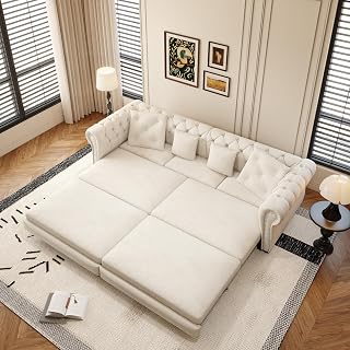 Queen Sleeper Sofa Bed with Movable Ottoman, 3 in 1 Convertible Sectional with Pull Out Bed with Mattress, Comfy Velvet Tufted Chesterfield Sofa, Mid Century Modern Couches for Living Room (Beige)