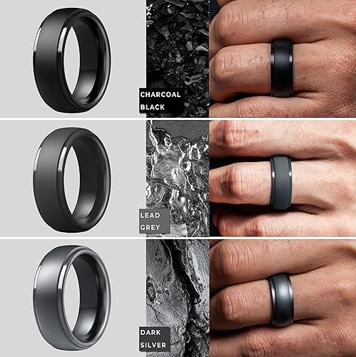 Miniatura 46 de ThunderFit Anillos de boda de silicona para hombre, 0.394 in de ancho y 0.098 in de grosor, paquete múltiple de variedad 1-7 Pack A: Negro