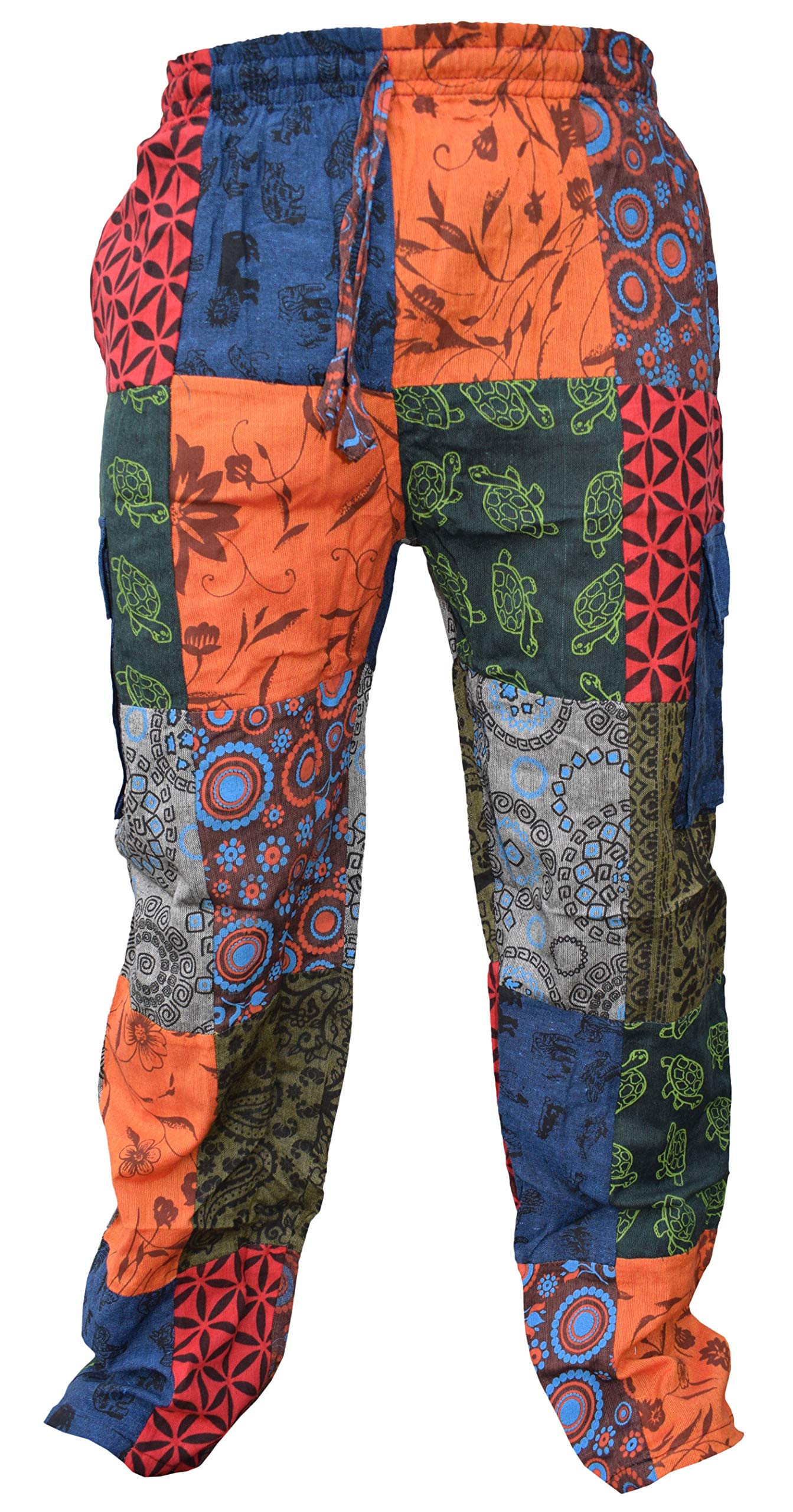 Gheri Mens Paisley Print Hippy Patchwork Lightweight Cotton Cargo Pants Animal Patch Small