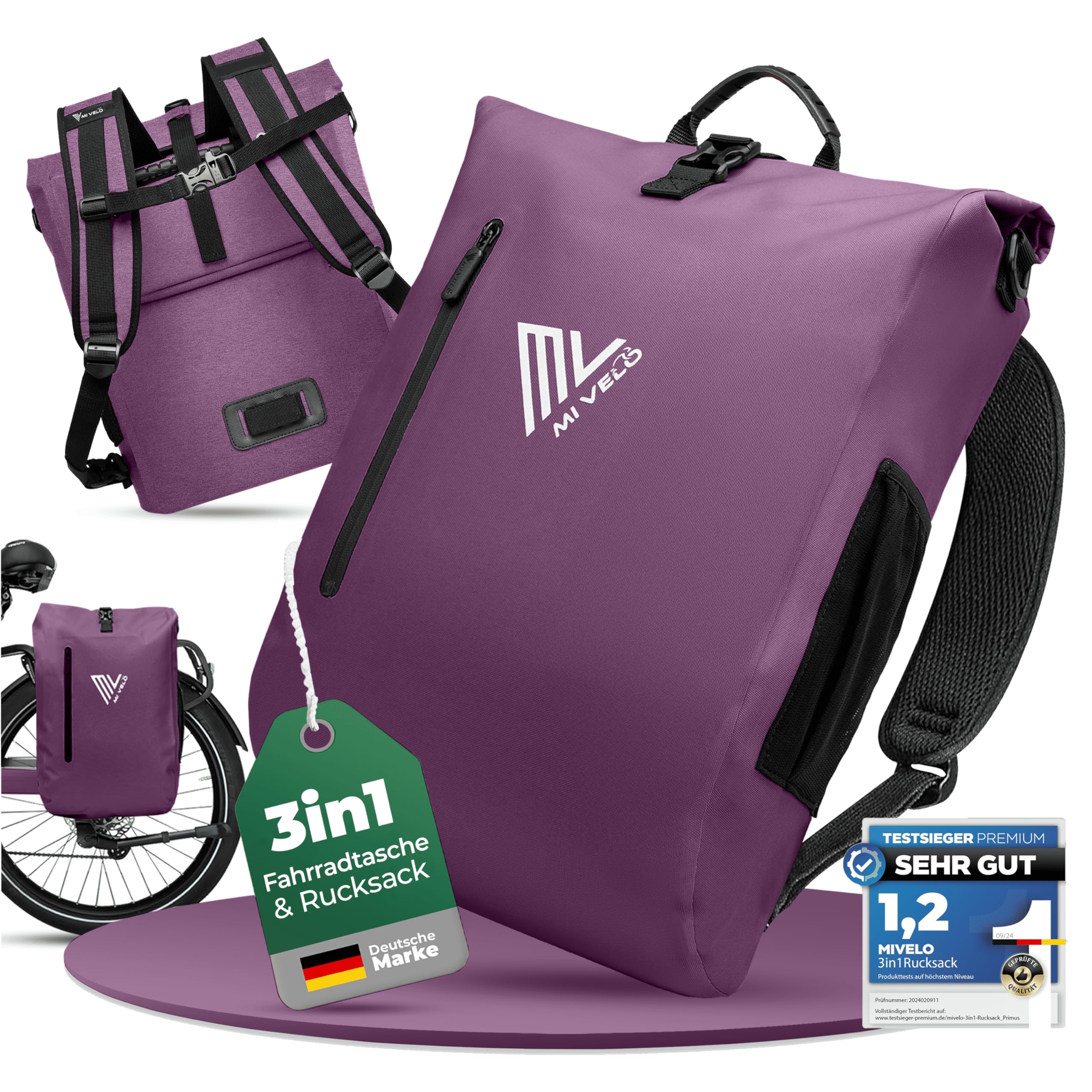 MIVELO - 3in1 Fahrradtasche für Gepäckträger, 100% wasserdicht & PVC-frei, Fahrradtasche Rucksack & Umhängetasche, Fahrrad Tasche Gepäckträgertasche (Flieder, 20L)