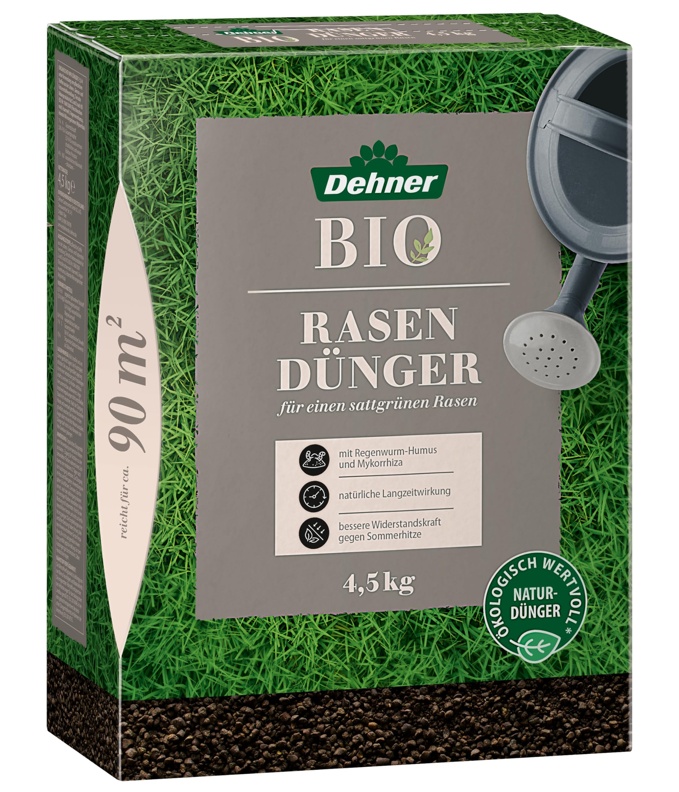 Dehner Bio Rasendnger, hochwertiger Dnger fr einen sattgrnen Rasen,  organischer NPK-Dnger, mit Regenwurm-Humus / Mykorrhiz, natrliche  Langzeitwirkung, 4.5 kg, fr ca. 90 m : Amazon.de: Garten