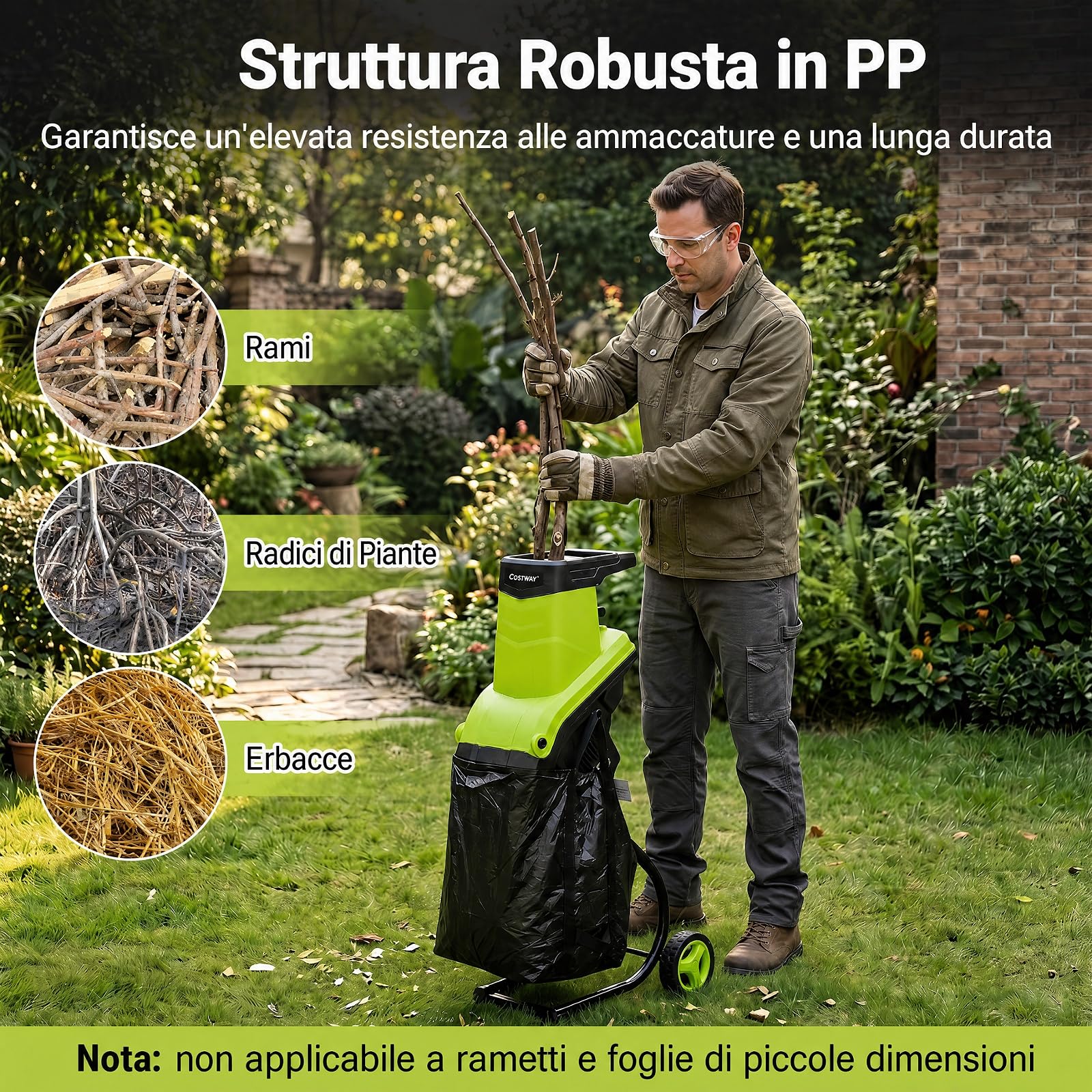 COSTWAY Biotrituratore Elettrico 2500 W, Cippatore Trita Legno (Verde) | Trinciatrice da Giardino a Rullo per Rami e Arbusti 45 mm con Sacco 50 L, Lame a Doppio Taglio, Pala Spingirami e Maniglia