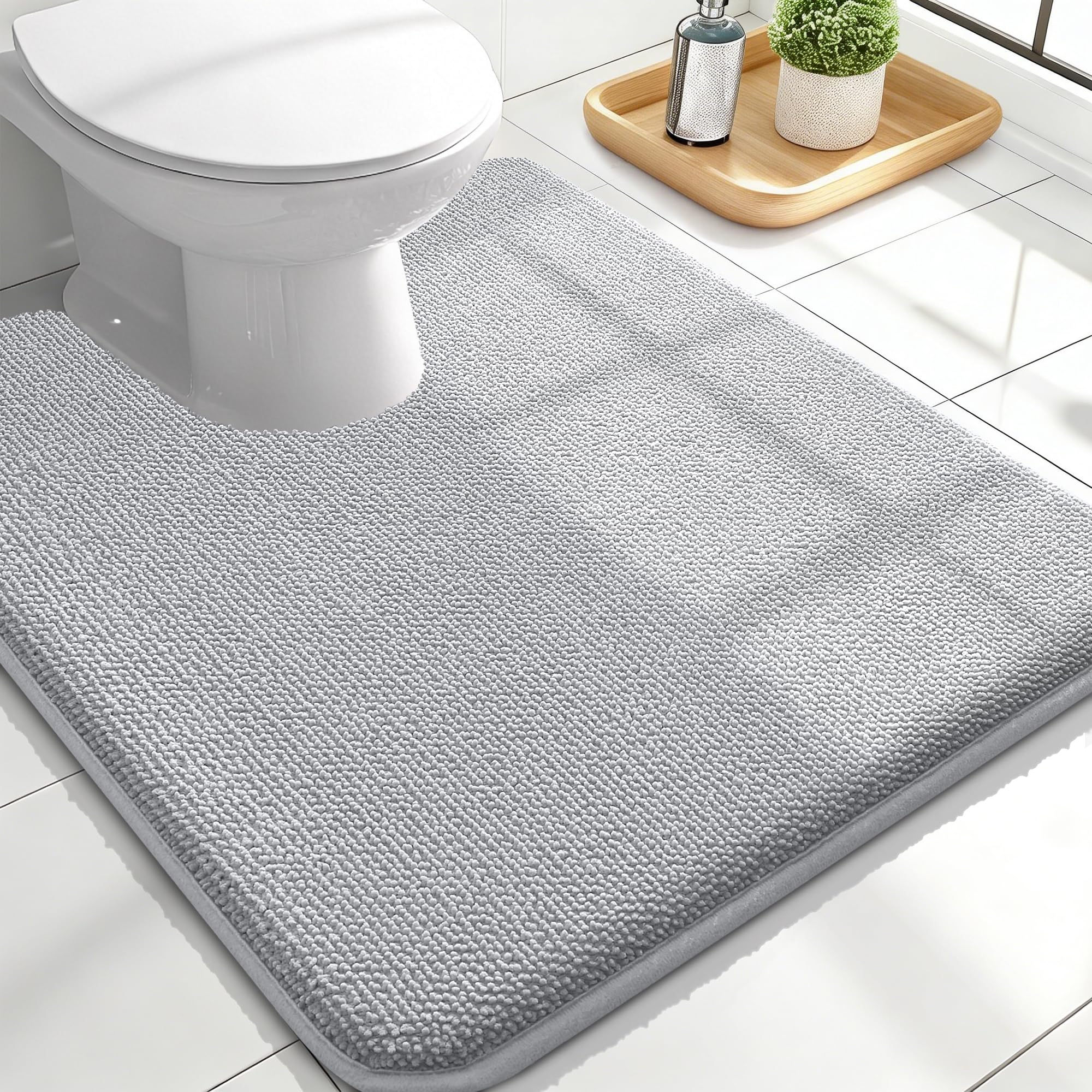 OLANLY Memory Foam Bathroom Toilet Rugs U-Shaped 24x20,Soft Mat, Light Grey