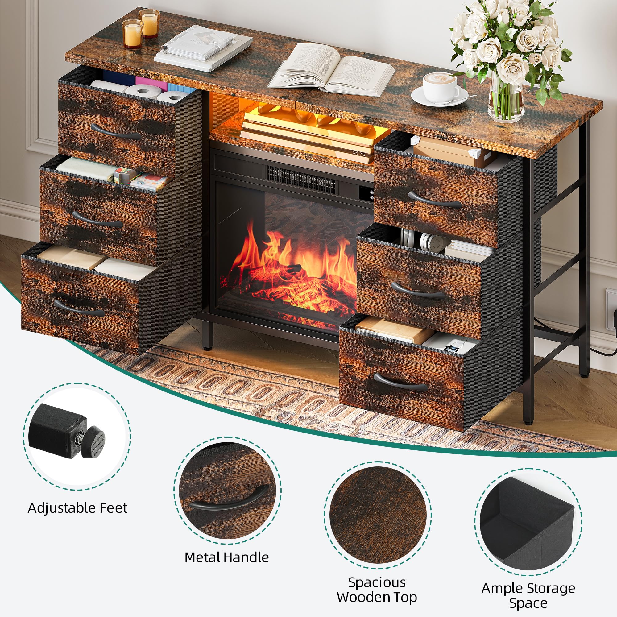 YITAHOME Mueble de TV con Chimenea Electrica, Cajones y LED para Televisiones 45-55", Marron