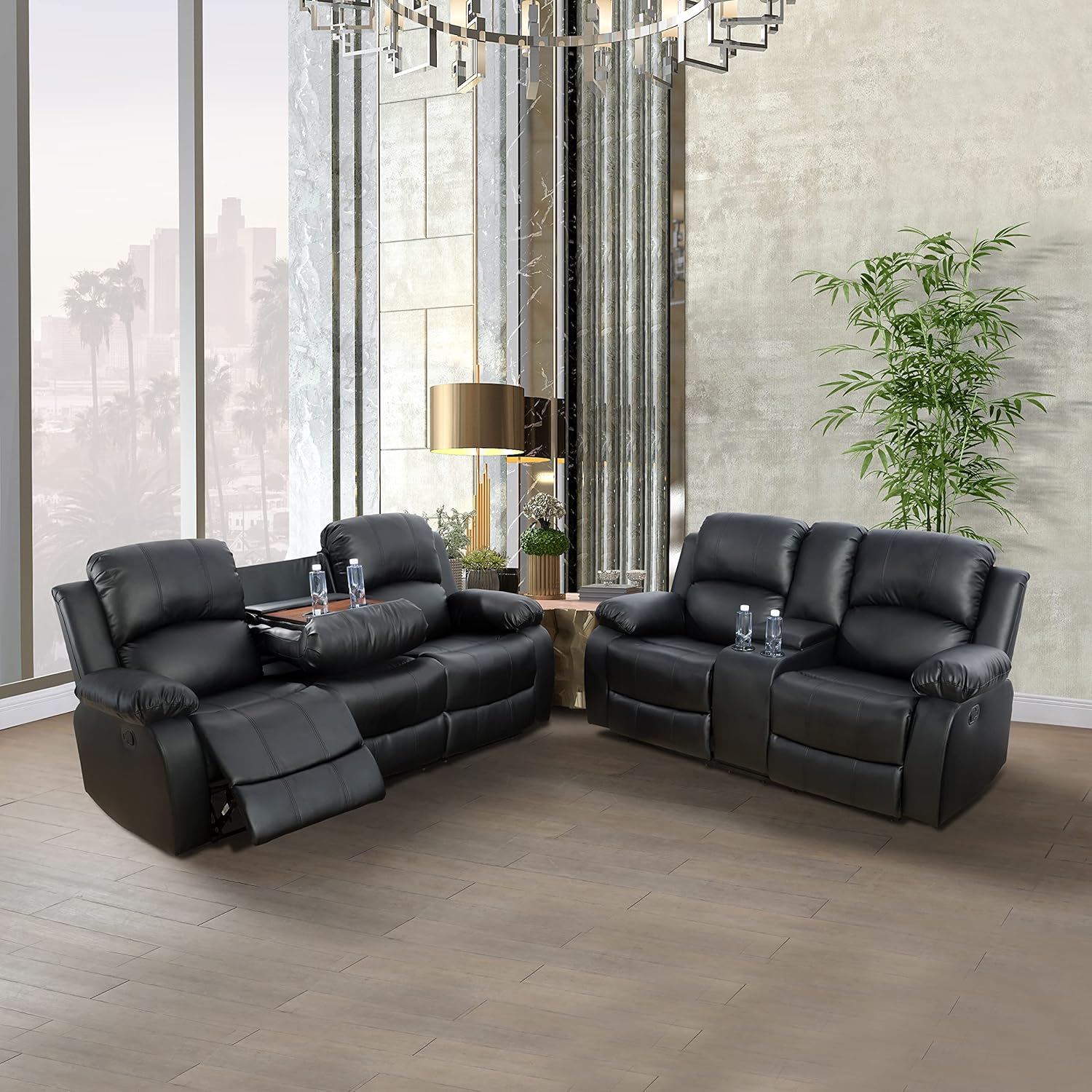 Beverly Fine Furniture Alpine Living Room Recliner Set Include Love seat, Sofa, 2-Piece,Black