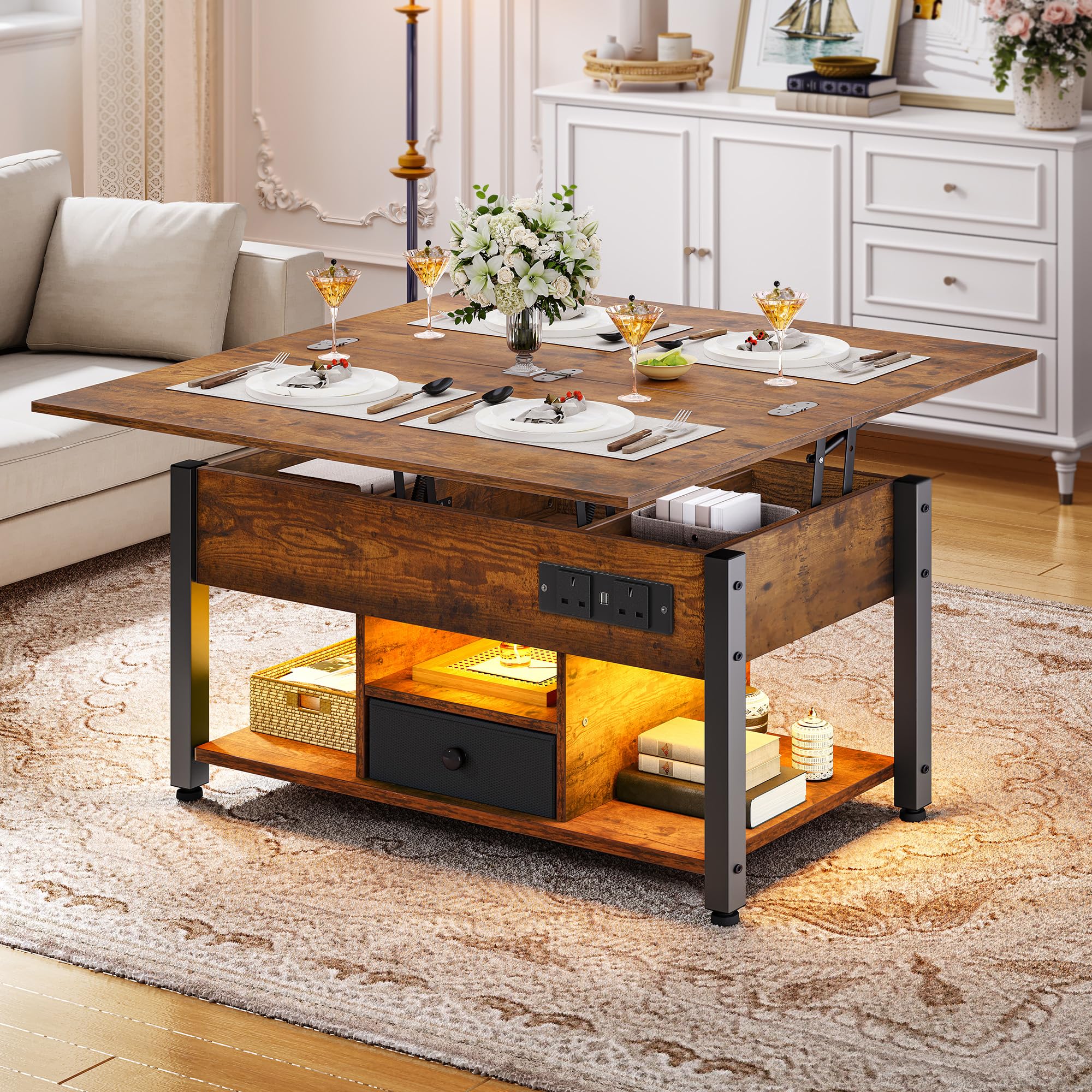 YITAHOME Folding Lift Top Coffee Table with Drawer, 4-in-1 Convertible Table with Storage Space and Type-G Outlets, Multi-Color LED Lighting with Music Mode for Living Room, Dining Room, Rustic Brown