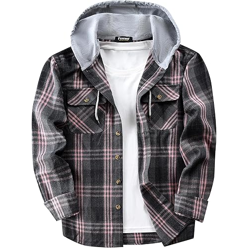 Mens Flannel Hoodie Shirts Long Sleeve Casual Plaid Jacket Cotton Button Down Flannel Shirt for Men
