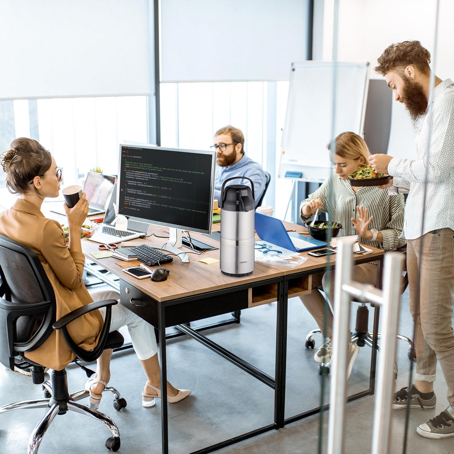 Relaxdays Jug 3 l, for Coffee, Pump Head, Push Button, Office, Gastronomy, Stainless Steel, Plastic, Silver/Black, 60% 20% Glass, 43 x 18 x 21 cm