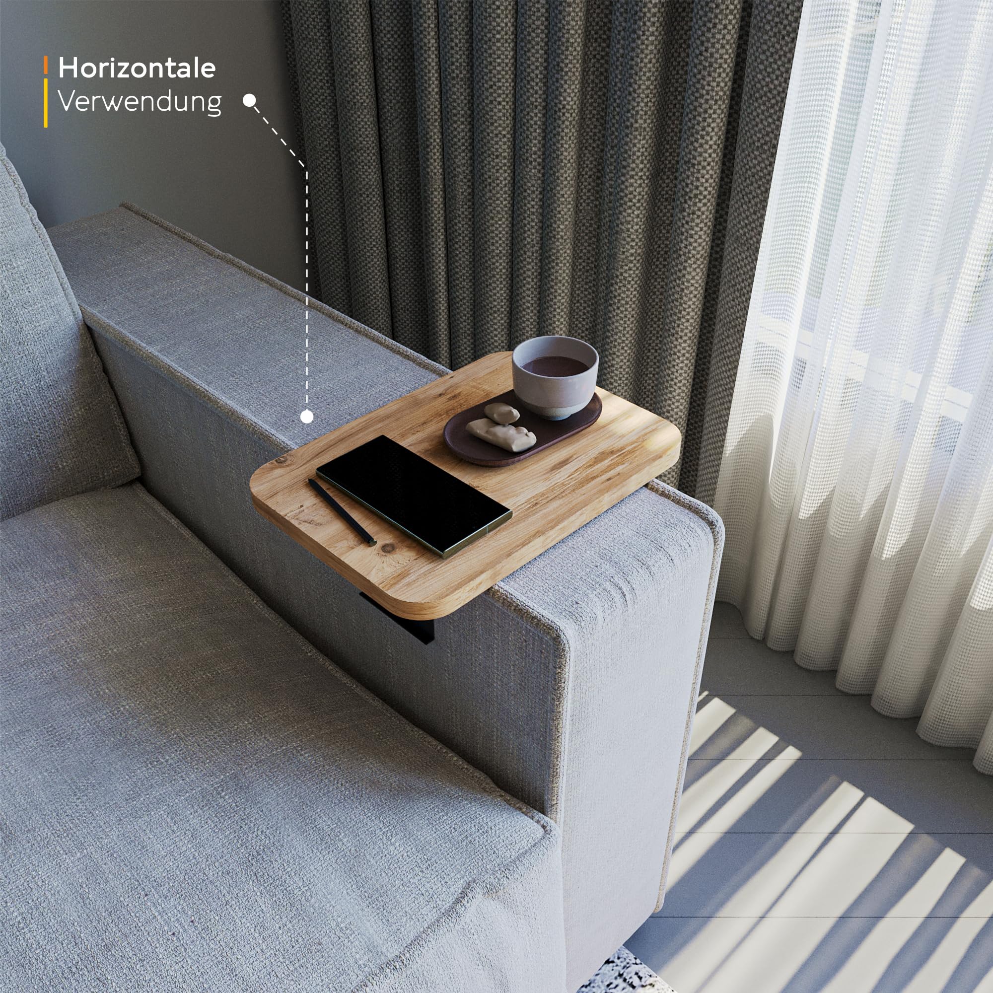 sugodesign Sofatablett Armlehne, Couch-Tablett, Einstellbarer Sofa-Tablett, Getränkehalter, Sitzgarnitur Ablage, Holz-Optik
