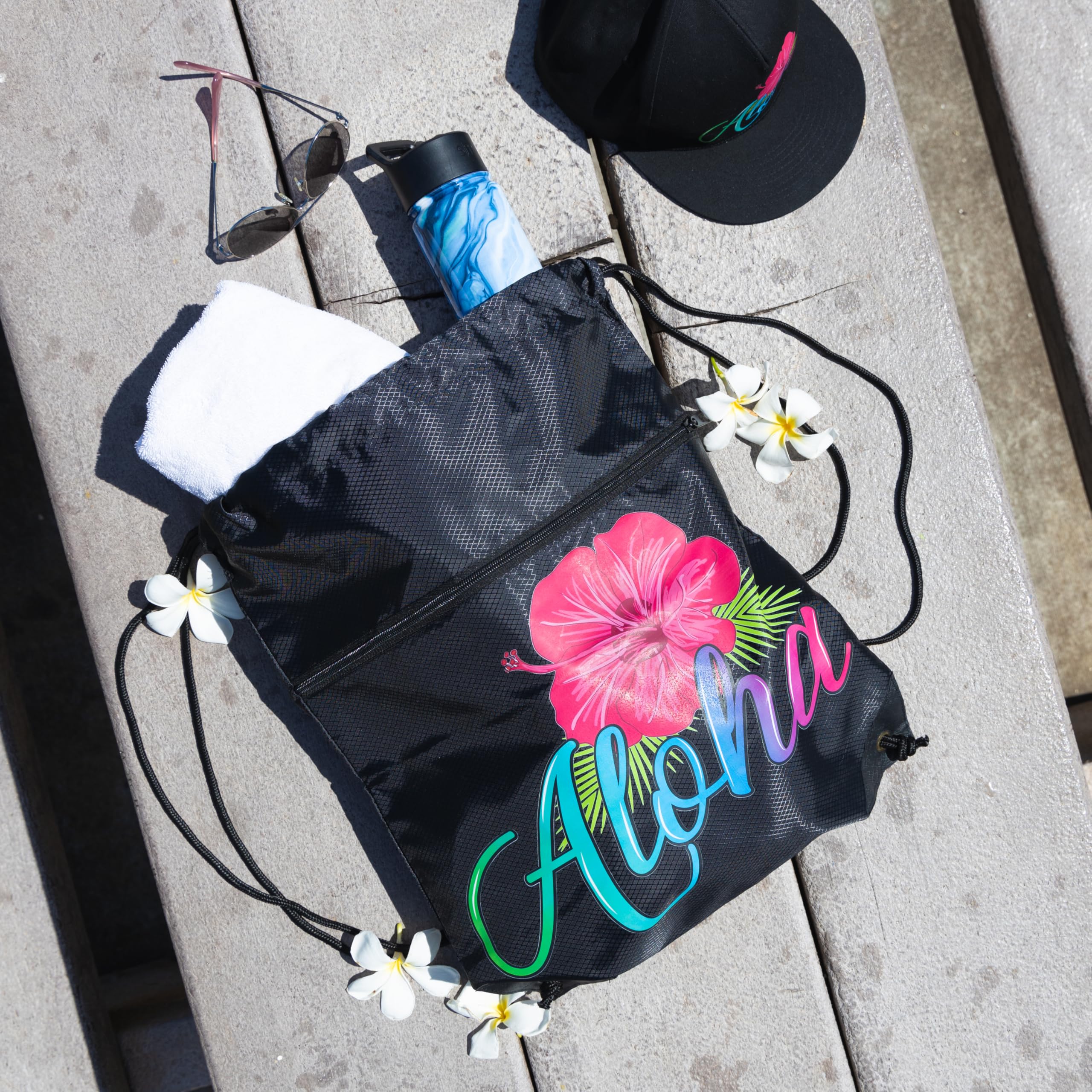 Aloha - Pañal de hombro grande con cuerda para playa, gimnasio, Hawaii, viajes, piscina, durante la noche, bolsa de comestibles con 1 calcomanía Aloha, Negro -, Grande, Dibujar cadena 2