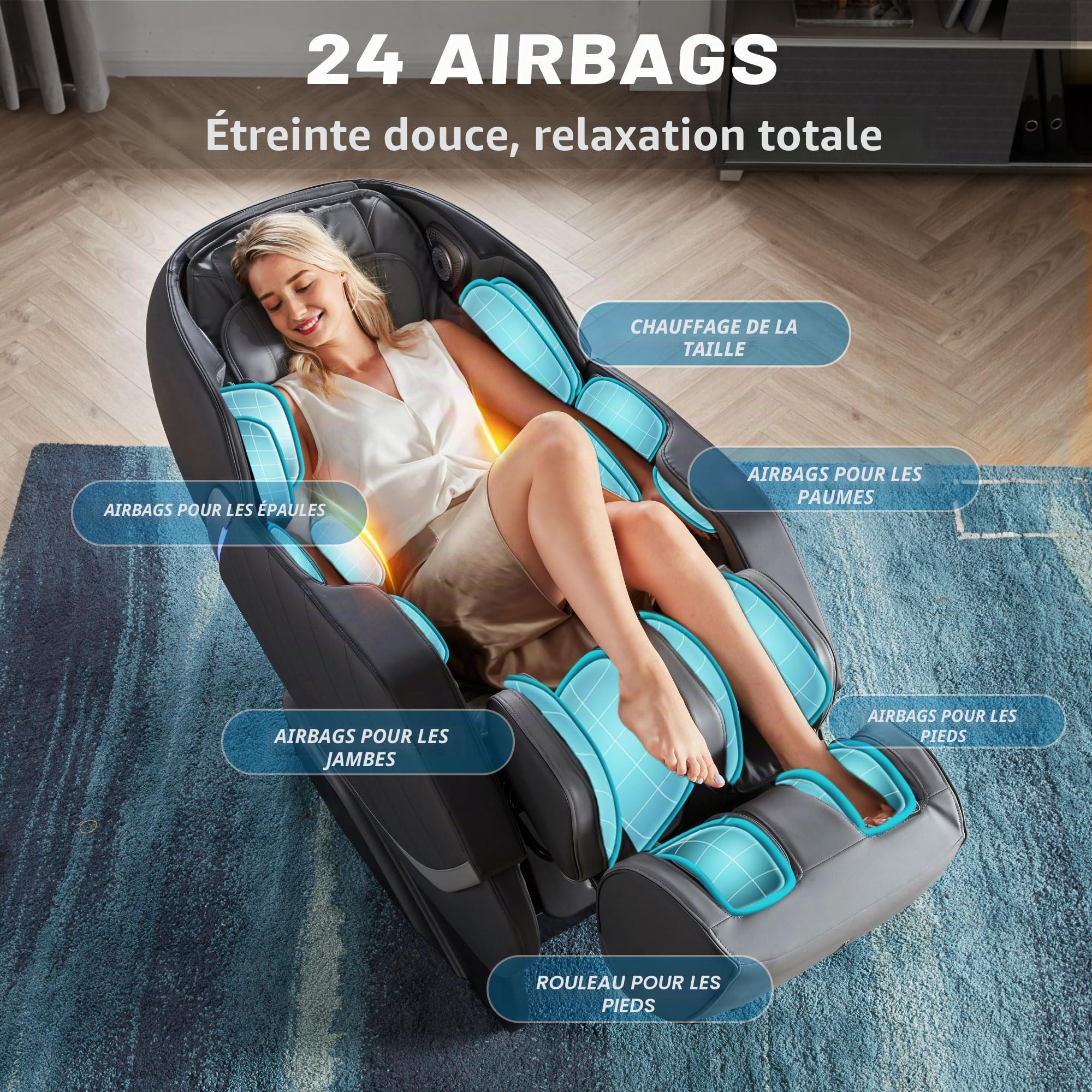 HealthRelife Fauteuil de Massage pour Tout Le Corps - Chaise de Massage Intelligente Zero Gravity - Mains robotiques 3D avec Rail SL - Fauteuil de Relaxation Bluetooth - Noir