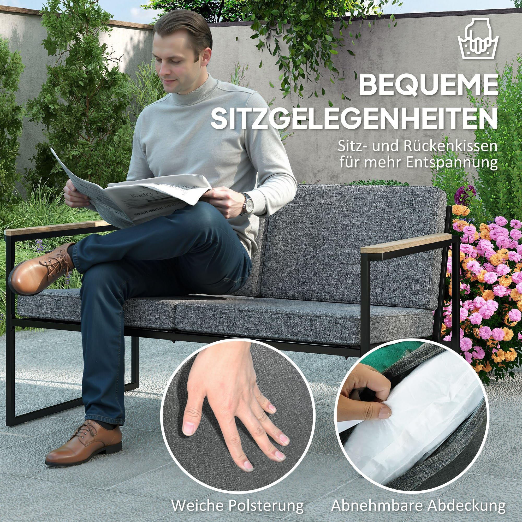 Outsunny Gartenmöbel Set Wetterfest für 4 Personen, 2er Sofa, Balkon Grau | 2 Stühle, Sitzkissen, Beistelltisch, Balkonmöbel-Set, Outdoor Sitzgruppe, Terrassenmöbel, Gartengarnitur, Garten, Terrasse