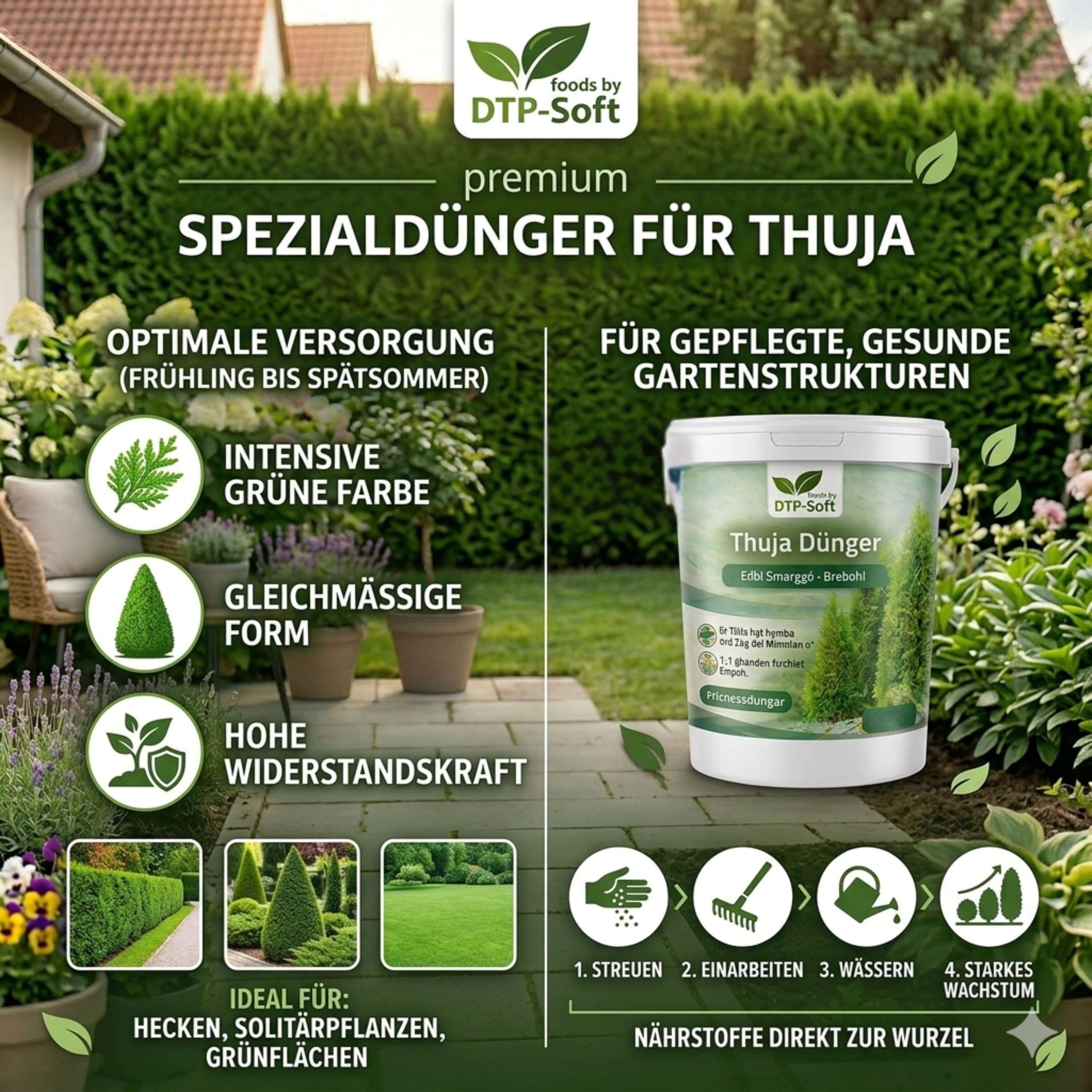 Thuja Dünger 10kg Eimer Koniferendünger - Lebensbaum Spezialdünger für Thuja Smaragd, Thuja Brabant und Thuja Edel - Heckendünger für dichte, kräftige und sattgrüne Hecken - für Garten, Zierpflanzen
