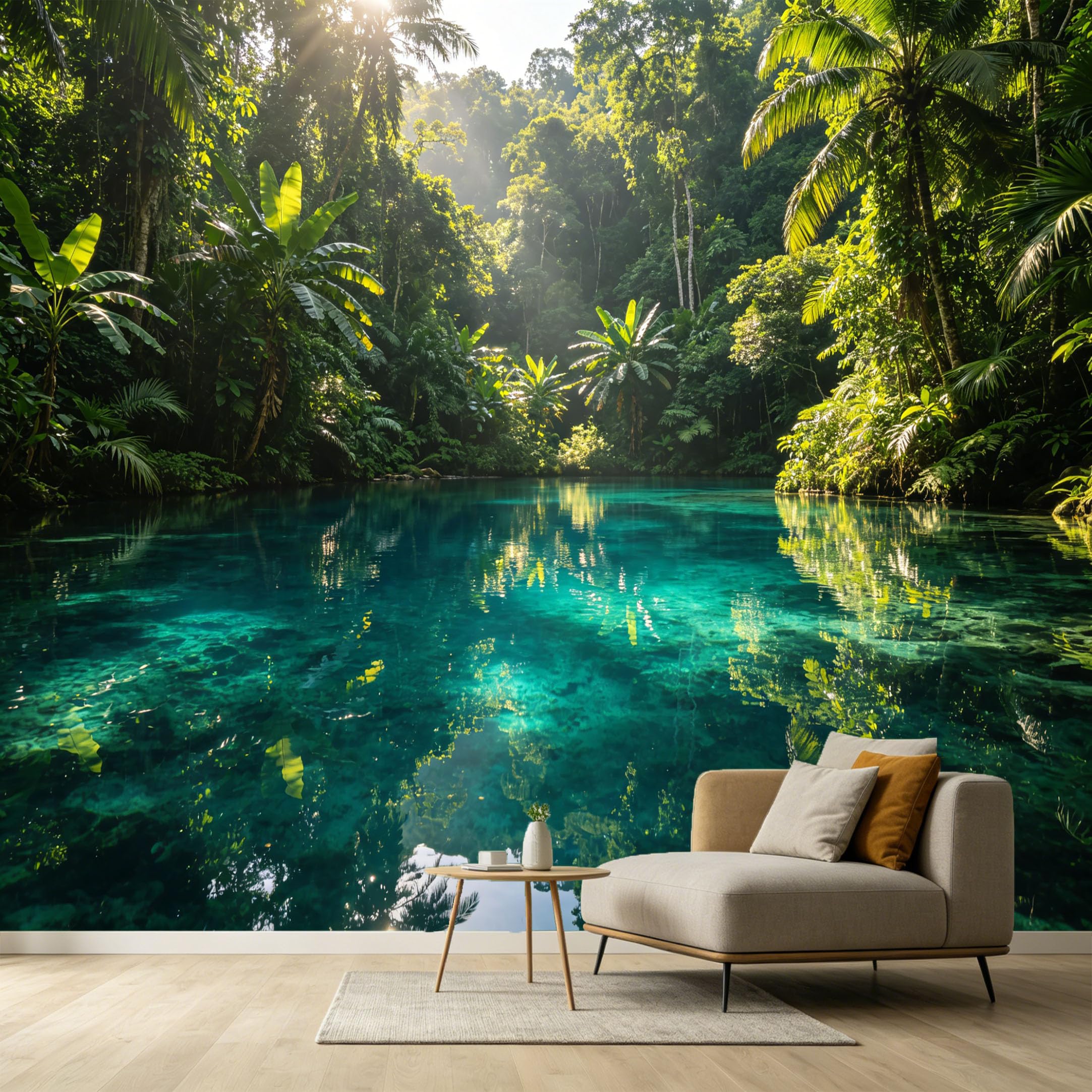 Custom Size Wall Murals Tropical Jungle Lake Botanical Landscape Sun Rays Palm Trees SelfAdhesive Wall Fabric Removable Large Wallpaper for Photo Living Room