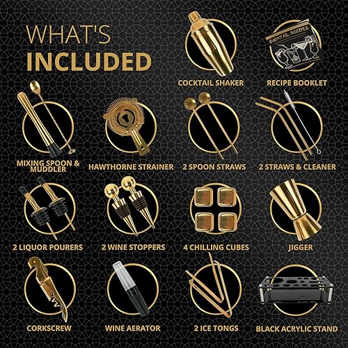 Miniatura 3 de Mixology - Juego de coctelera dorada de 24 piezas con soporte accesorios esenciales para el hogar coctelera de martini jigger Muddler cubos de