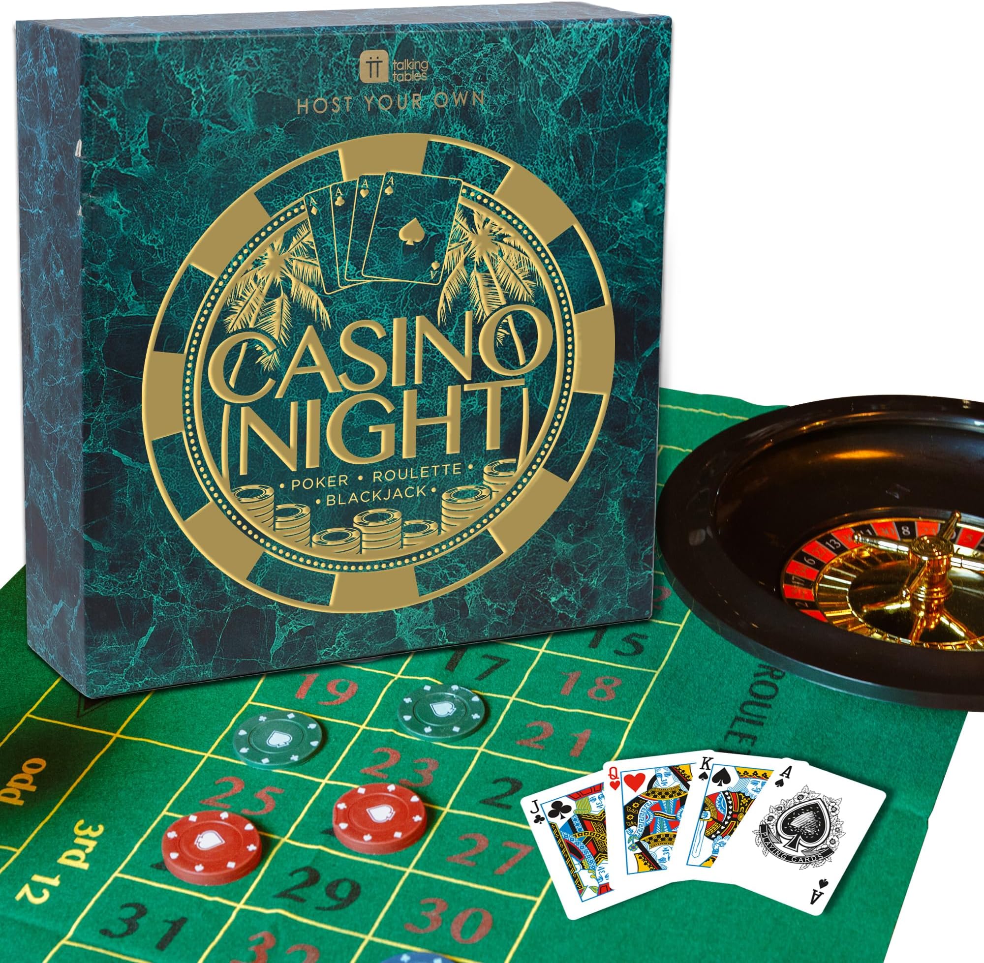 Talking Tables Casino Night Kit Poker, Blackjack, Roulette-Gambling Set for Adults, Gifts for Him | Contains Game Mat, Chips, Money, Balls, Playing Cards, Paper, Plastic, GAMECASINO