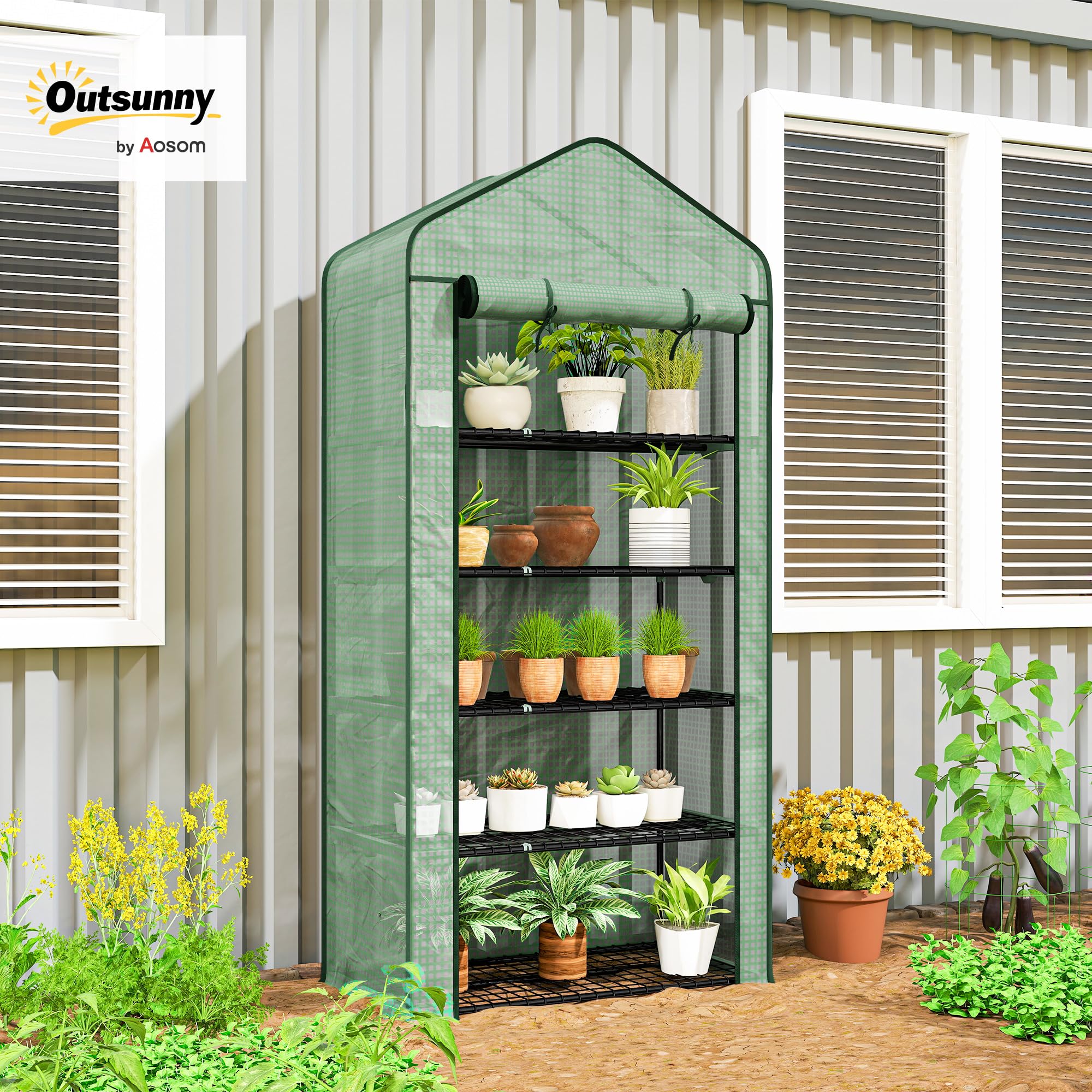 Outsunny Szklarnia ogrodowa Szklarnia balkonowa 5-poziomowa szklarnia z 1 zwijanymi drzwiami, stalowa rama i wzmocniona plandeka PE odporna na ok. 90 l x 49 l x 193H cm
