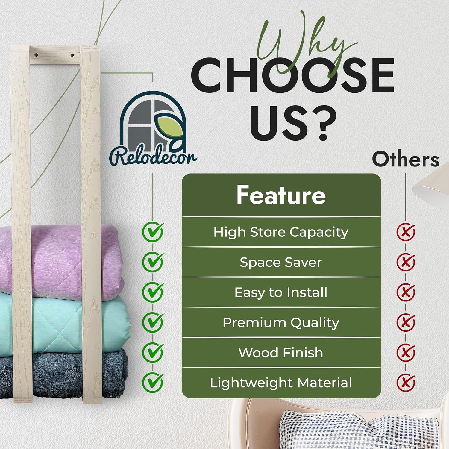 RELODECOR Blanket Wall Rack – Decorative Farmhouse Style Wooden Ladder – Rustic Quilt & Towel Holder – Wall Mounted Storage Rack for Living Room, Bedroom & Bathroom – Stylish White Design