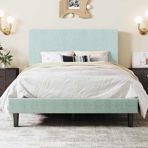 Miniatura 9 de SHA CERLIN Base de cama de plataforma de tamaño matrimonial con cabecera ajustable y soporte de listones de madera, base de colchón tapizada Boucle,