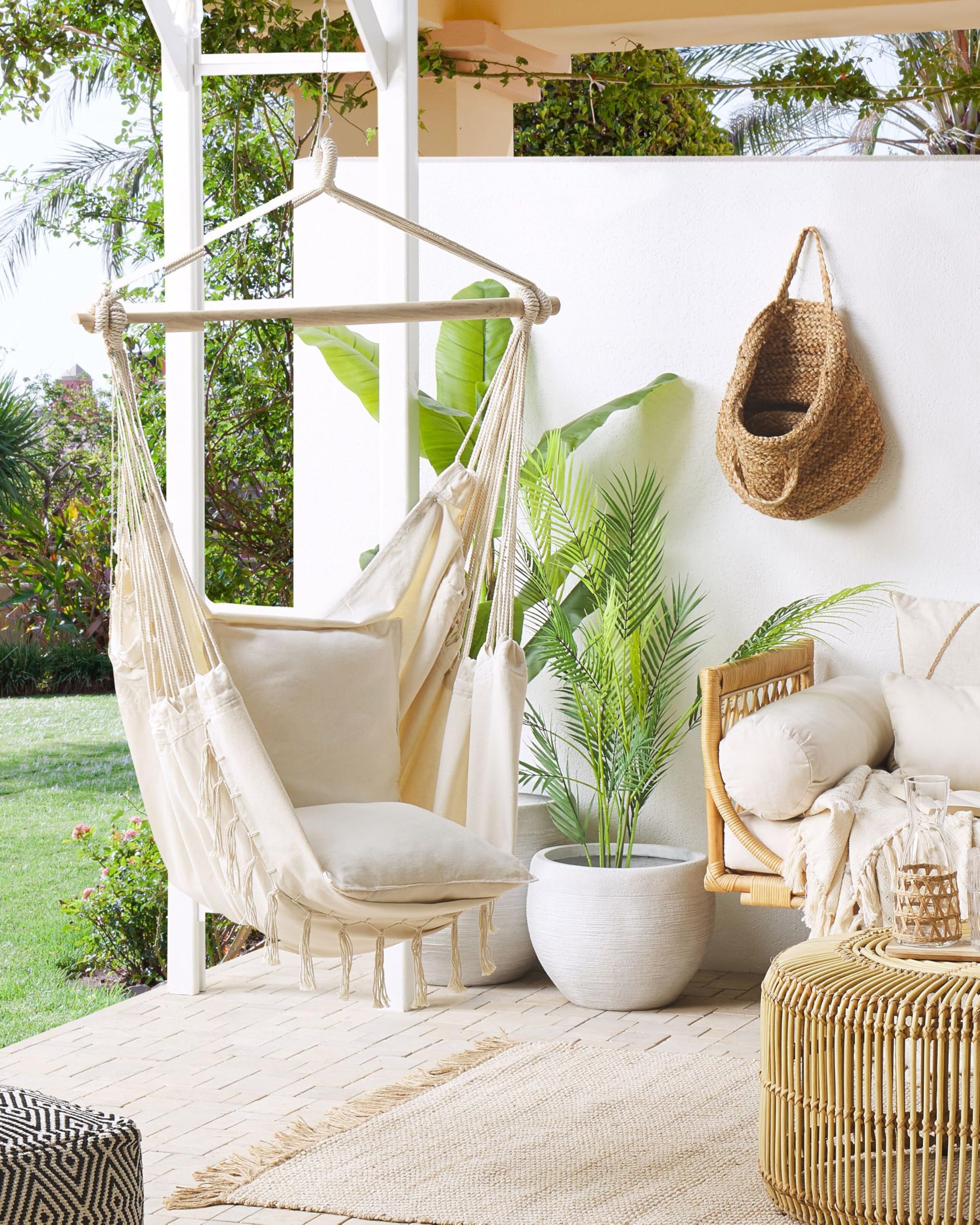 Silla Colgante de algodón poliéster Beige Columpio Hamaca Boho Interior Exterior Bonea