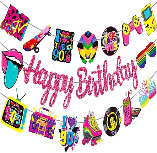 Pancartas de fiesta de cumpleaños temáticas de los años 90, decoraciones retro de fiesta de cumpleaños de los años 90, decoraciones de regreso a los