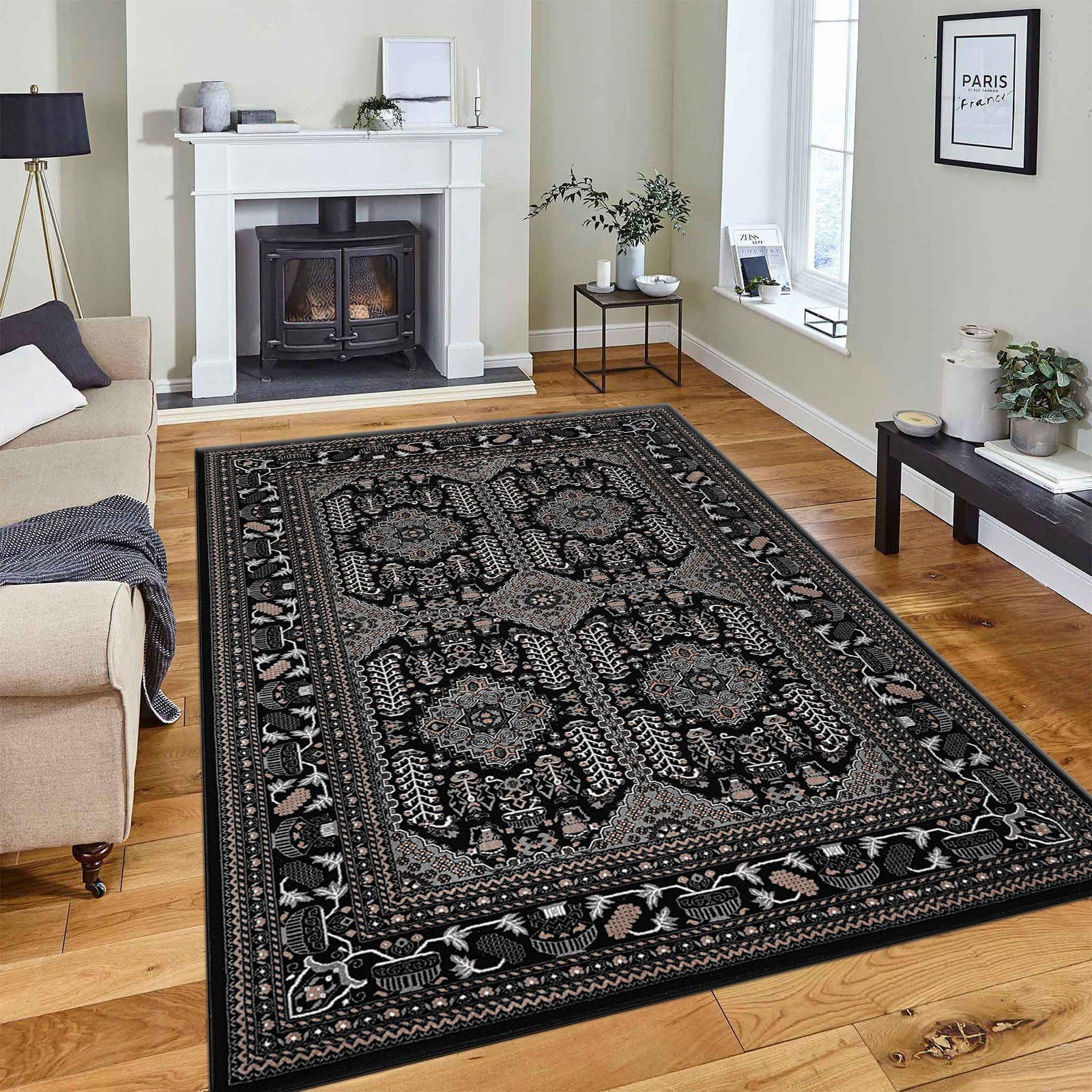 renoazul® Large Rugs Living Room Carpet With Jute Back, Turkish Rug - Zinat 240 x 320 cm Black - Washable Bedroom Carpet, Lounge and Sitting Room Rug — image 1