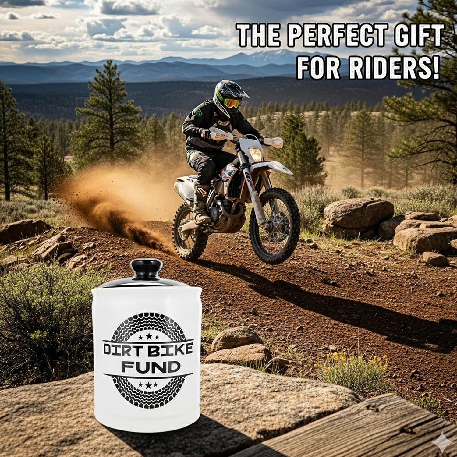Cottage Creek Dirt Bike Fund Ceramic Jar with Lid - Fun Piggy Bank & Candy Jar, for Men, Dad, & Boyfriend - Cool Desk Decor & Dirtbike Accessories for Motorcycle, Motocross, & ATV Riders