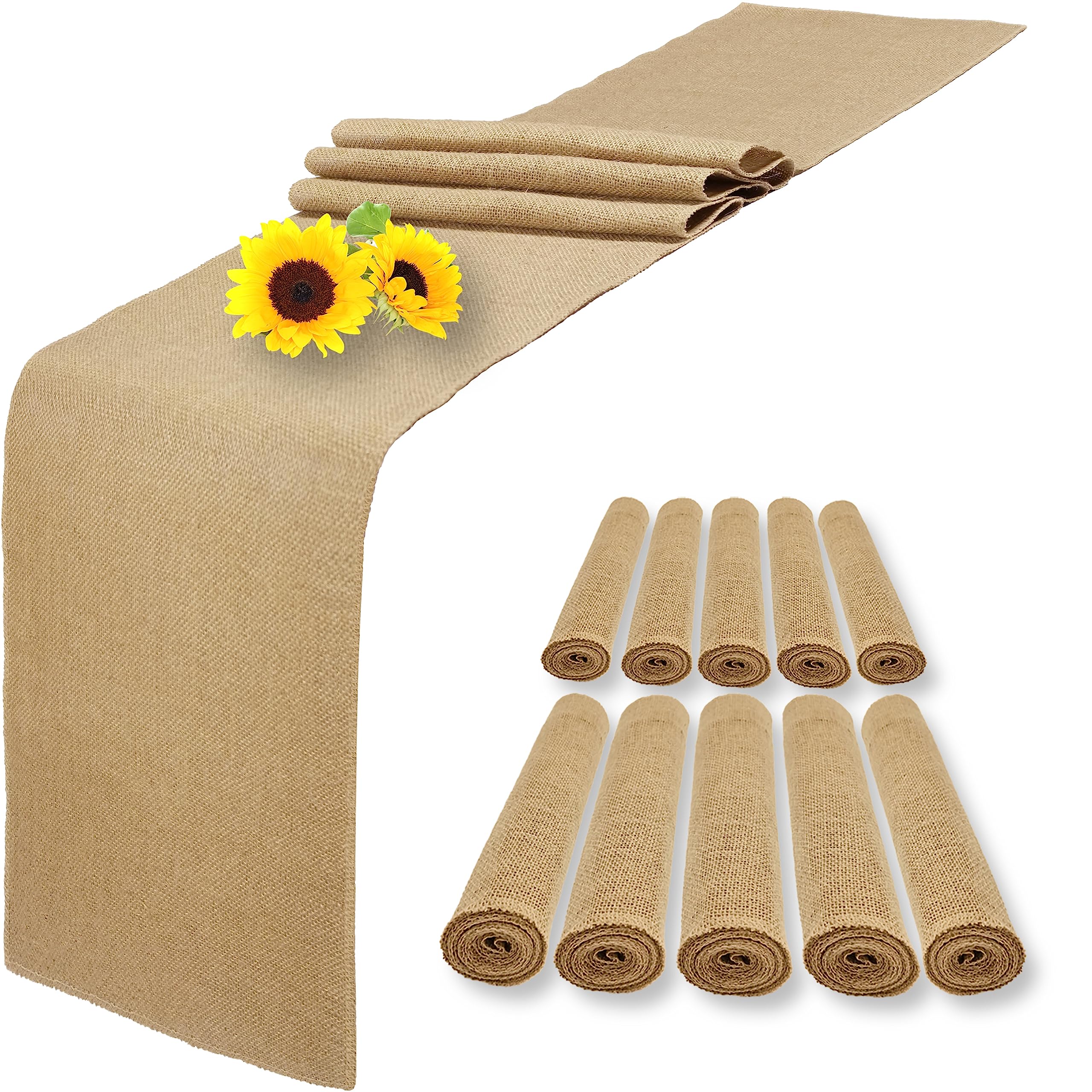 10 Pack Natural Burlap Table Runners,12 x 108 Inch Rustic Jute Table Runner and Placemats Bulk for Western Wedding Table Decorations,Farmhouse Style Party,Thanksgiving,Kitchen Coffee Table Decor Cover
