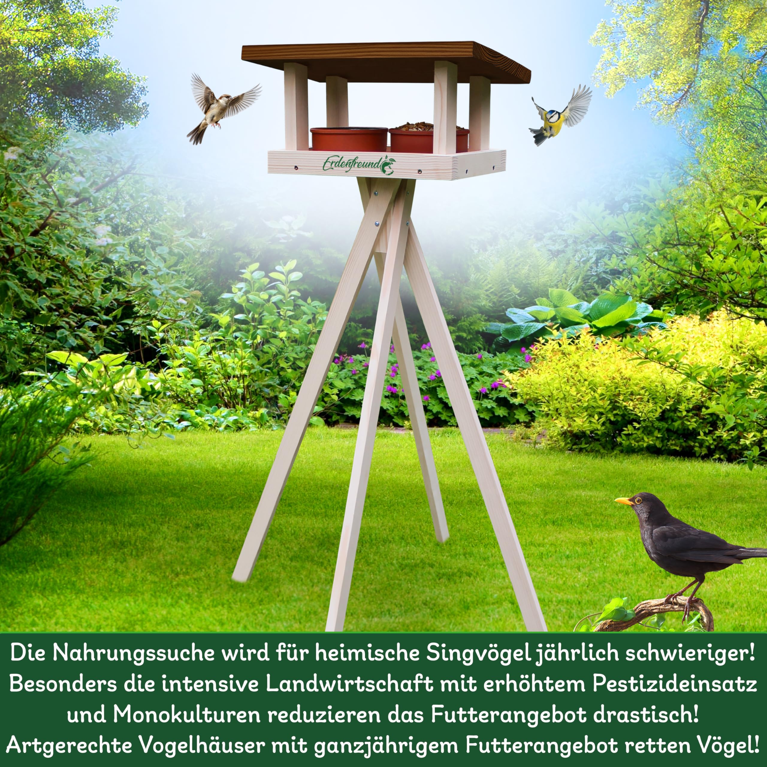 ERDENFREUND® Vogelhaus mit Ständer wetterfest +2 Näpfe Futterhaus für Vögel mit Rundumblick räubersicher Vogelfutterhaus 1,20m fertig montiert (Vogelhaus stehend +2er Wasser-/Futternapf hygienisch)