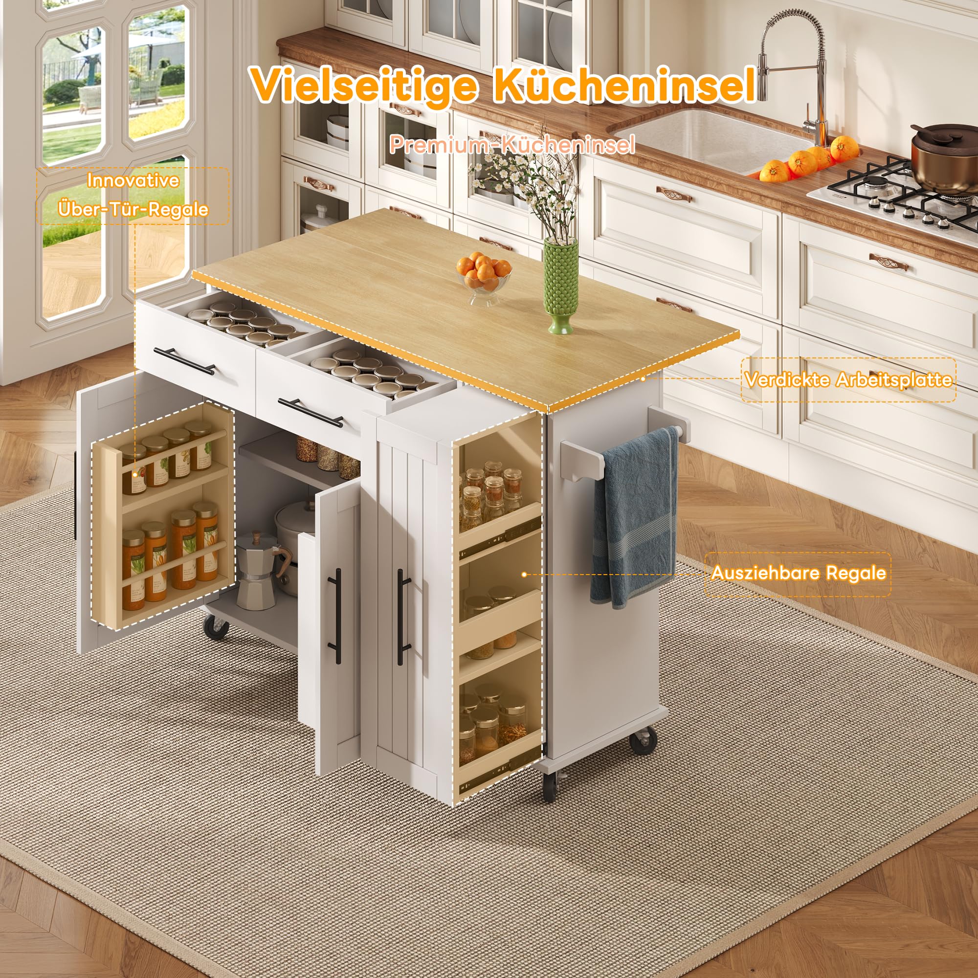 Wyspa kuchenna, wózek kuchenny ze składanym blatem roboczym 129 x (40) 65 x 91 cm, szafka kuchenna/bufet z 2 szufladami, 2 regały na przyprawy, 3 wysuwane półki, wieszak na ręczniki, do kuchni i