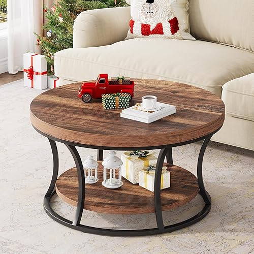 Mesa de centro redonda para sala de estar, mesa auxiliar circular de 2 niveles con almacenamiento, mesa central decorativa de diseño moderno, marrón