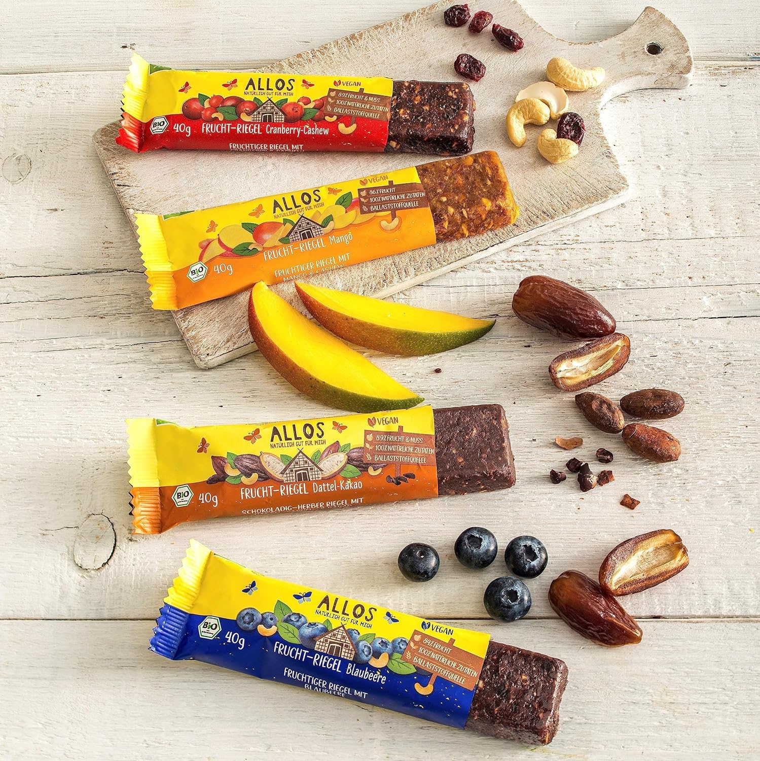 Allos Fruchtriegel Blaubeere | Bio Energieriegel | 25 x 40g | Mit Datteln & Cashews | vegan & glutenfrei | Snack für Schule, Pause & Sport