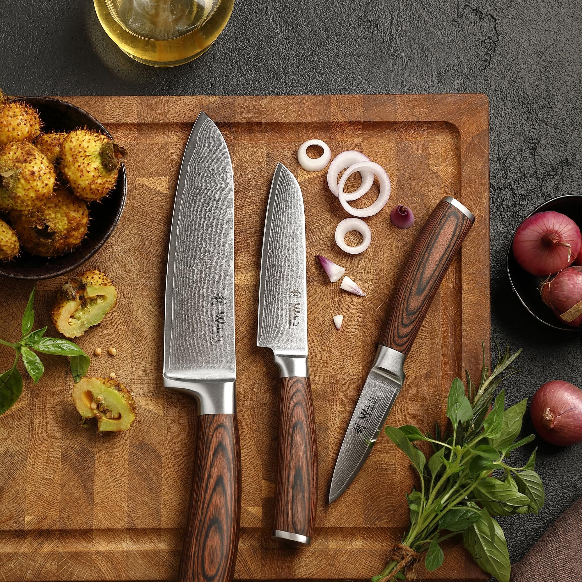WAKOLI EDIB juego de 3 cuchillos de cocina de acero de damasco con núcleo VG10, hojas de 8,5 a 17 cm, 2 cuchillos Santoku y cuchillo de oficio, con bloque magnético de acacia y mangos de madera Pakka