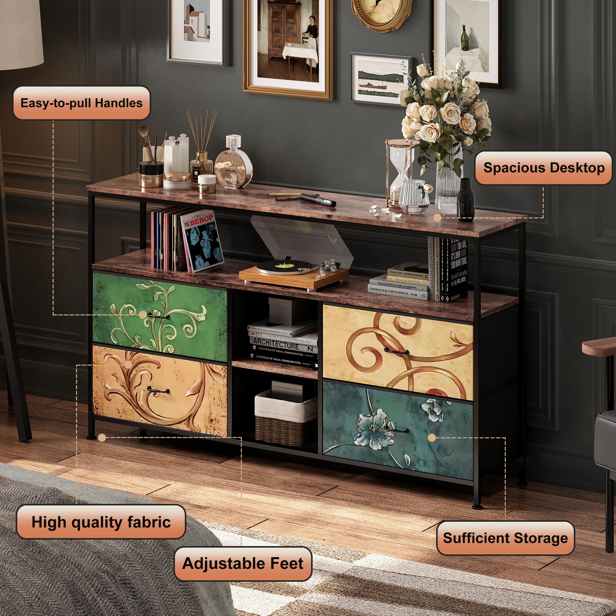 Mueble de TV con LED, 137 cm Armarios de Entretenimiento con 4 cajones de Almacenamiento extraíbles, Banco de TV con Espacio de Almacenamiento, Mueble de Salón Moderno﻿ (Color, 137cm)