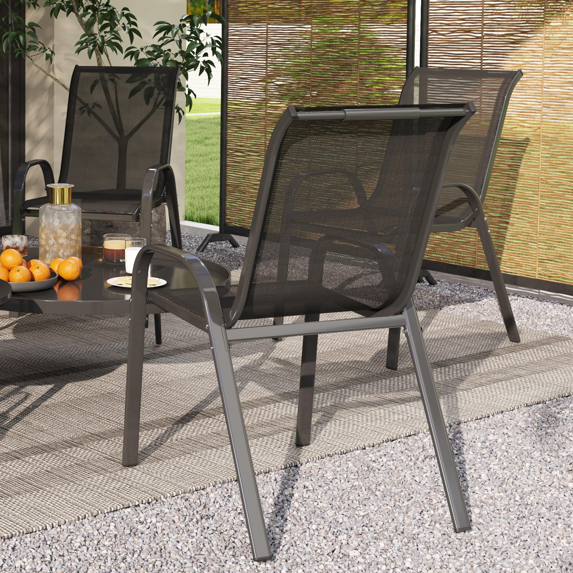 Outsunny Lot de 4 chaises de Jardin, chaises empilables, Dossier Haut incliné, Tissu en Maille Respirante, Cadre en Acier, Noir