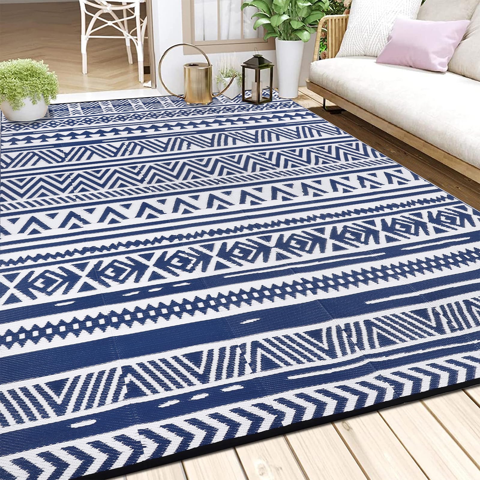 Enyhom Tapis D'extérieur Réversible 240 x 300 cm, Bleu Plastique Durable Résistant aux UV Tapis de Camping pour Camping-Car