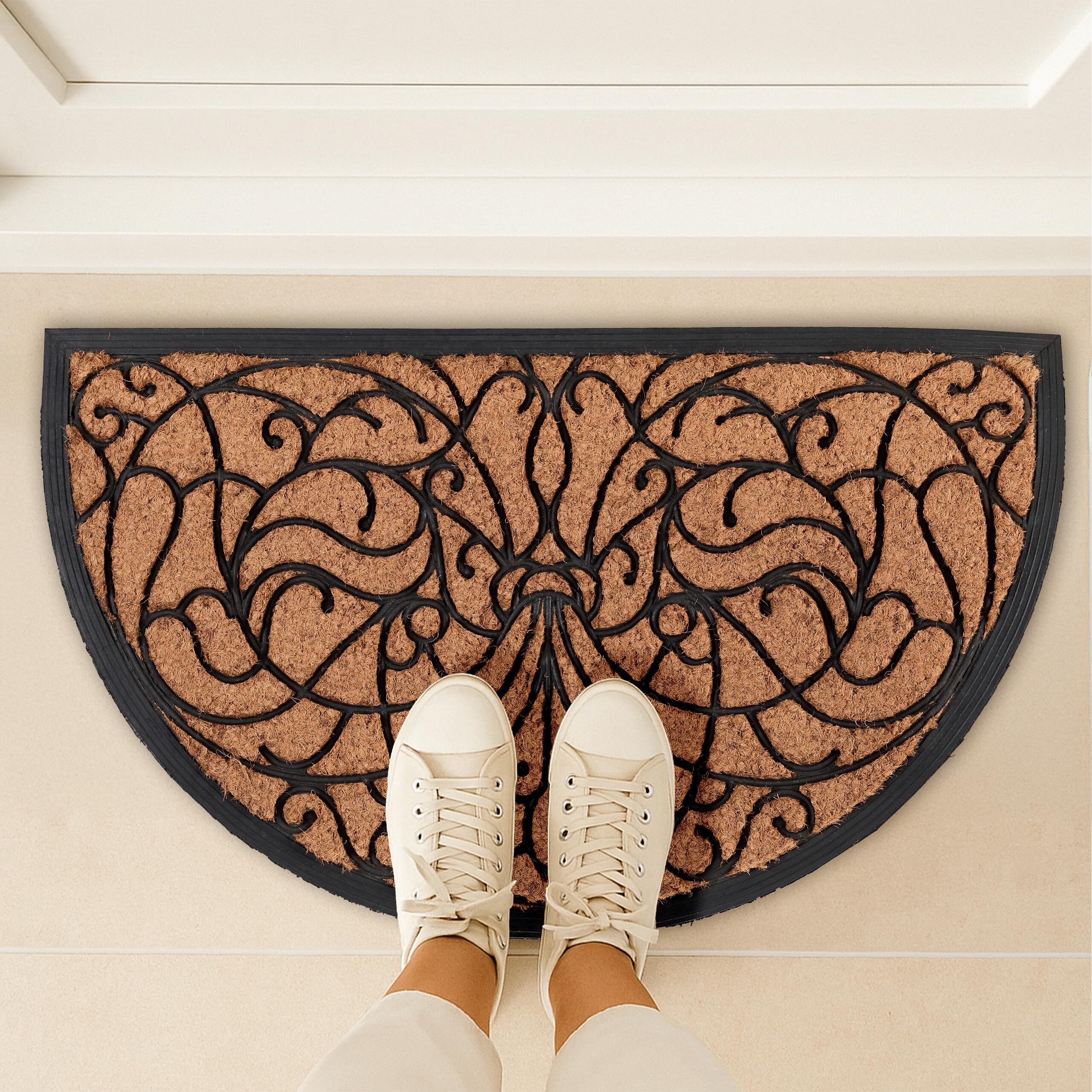 Relaxdays Zerbino in Fibra di Cocco, Semicerchio 100x60 cm Tappetino Antiscivolo Ingresso Esterno, Interno, Marrone Nero
