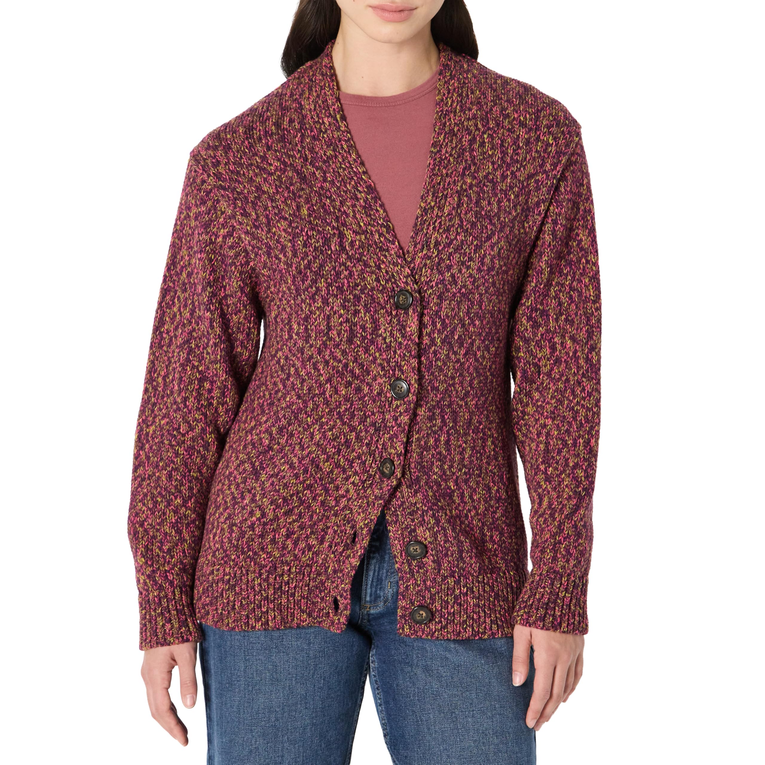 Amazon Essentials Women's Oversized-Fit Multi-Color Heavyweight Button-Up Cardigan, Burgundy Marl, Small