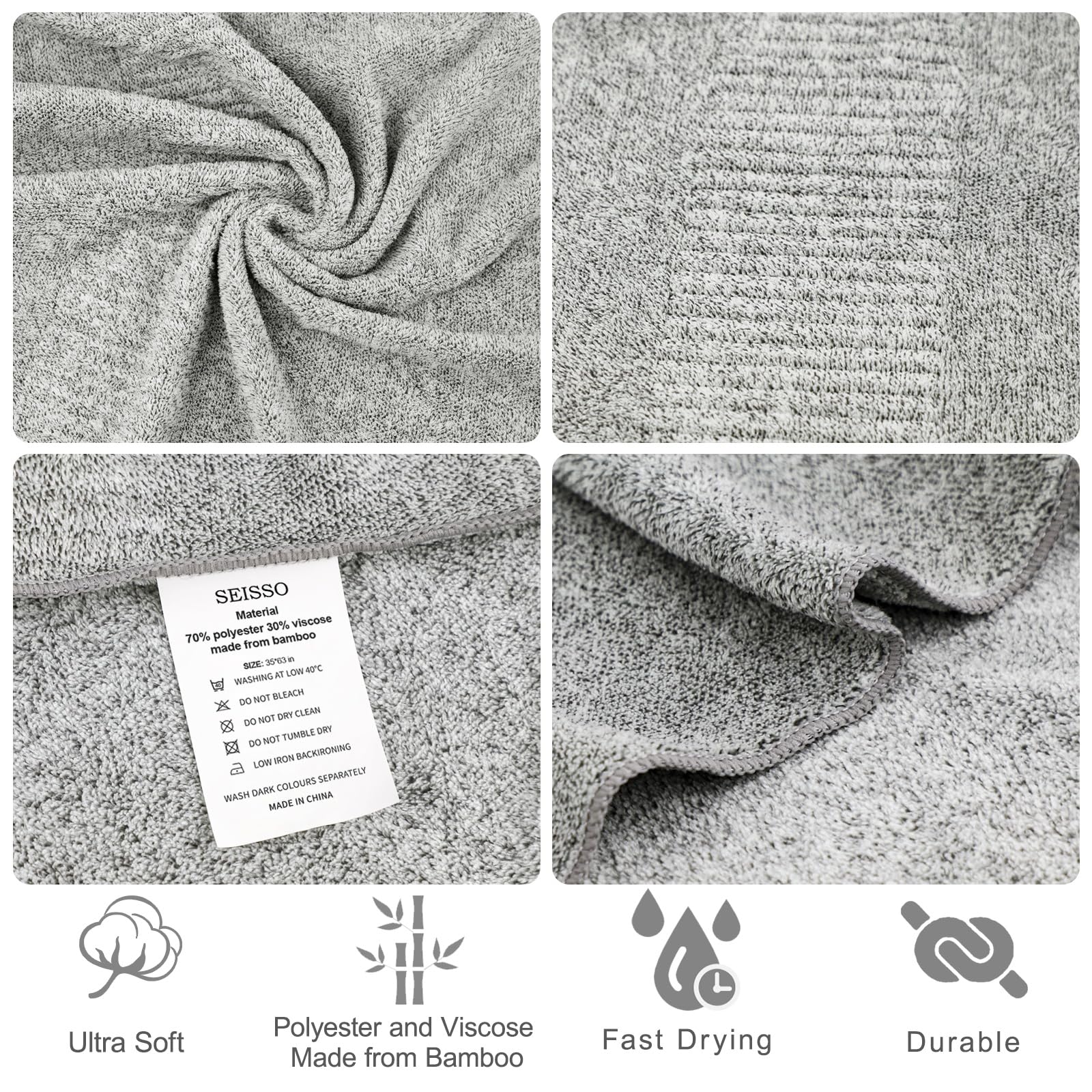 SEISSO Paquete de 2 Toallas de Baño, Sábanas de Baño de Fibra de Bambú 90 x 160cm, Sábana de Baño Súper Suave, Altamente Absorbente y de Secado Rápido, Uso para Hotel, SPA, Baño, Gris