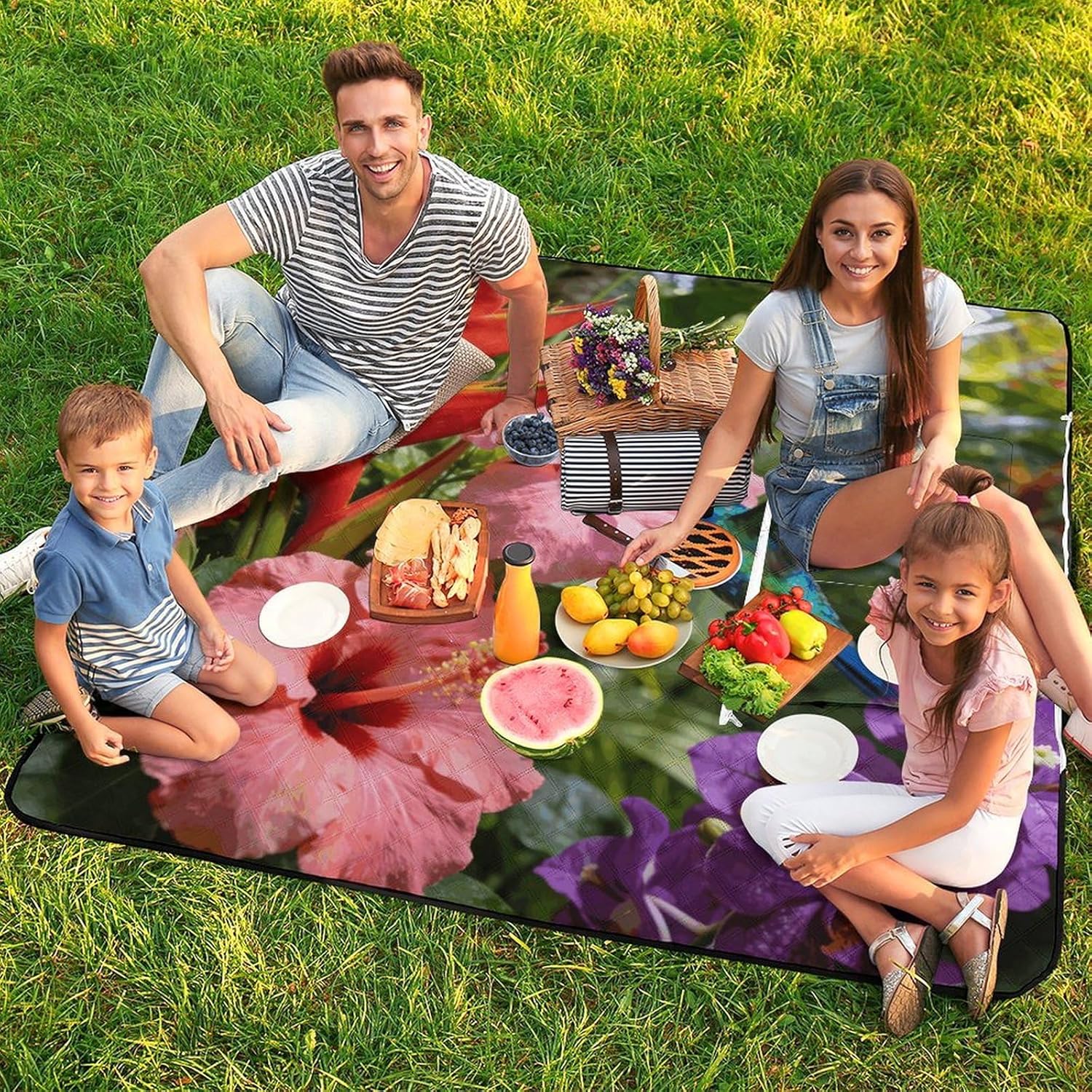 Tropical Flowers and Hummingbirds Picnic Blanket with Zipper Water Resistant Sand Free Picnic Mat Washable Foldable Easy Carry Beach Blanket for Lawn Beach Hiking Camping