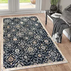 KILOCOCO 3x5 Moroccan Super Soft Area Rug Washable Living Room, Vintage Floral Rug Indoor Non-Slip, Print Faux Wool Accent Indoor Entryway Rug for Laundry Playroom Office, Black/Navy Blue/Multi