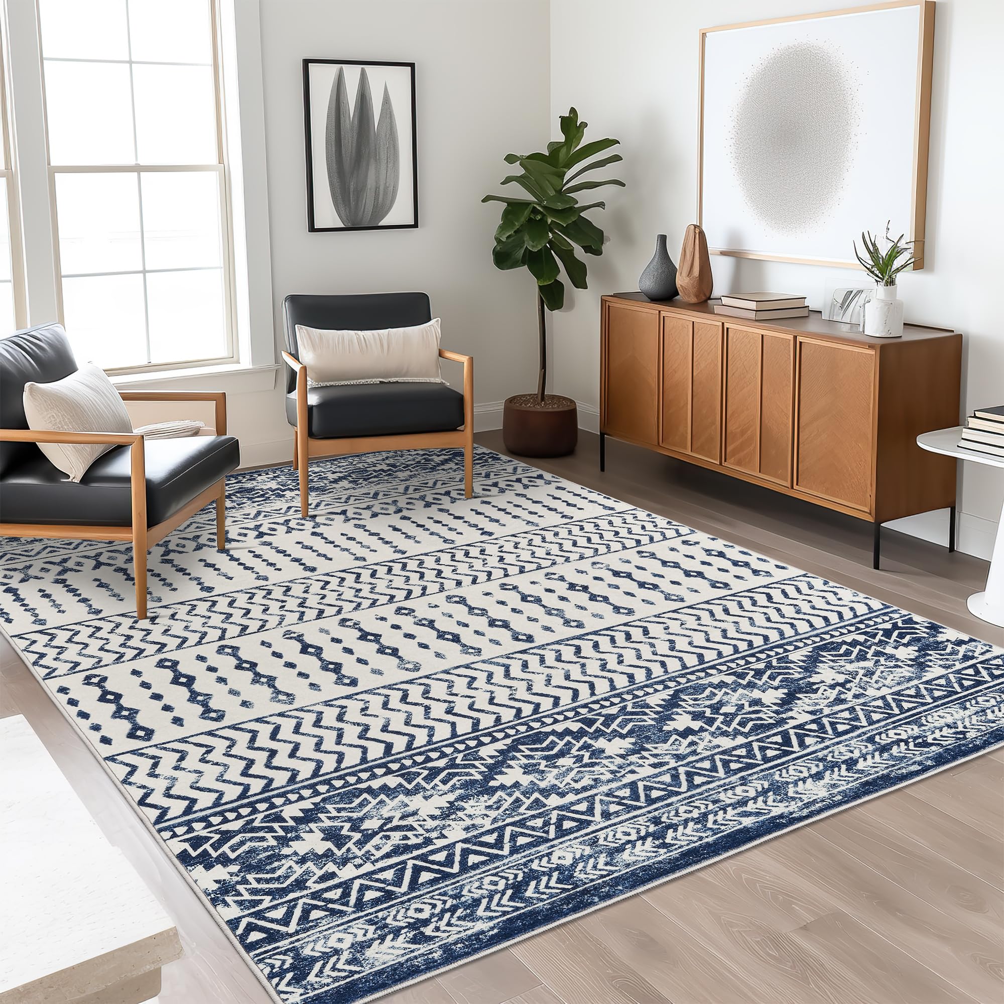 Art&Tuft 4x6 Rug, Super Soft Ultra-Thin Moroccan Washable Rug, Anti-Slip Backing Rugs for Living Room, Foldable Geometric Machine Washable Area Rug(4'