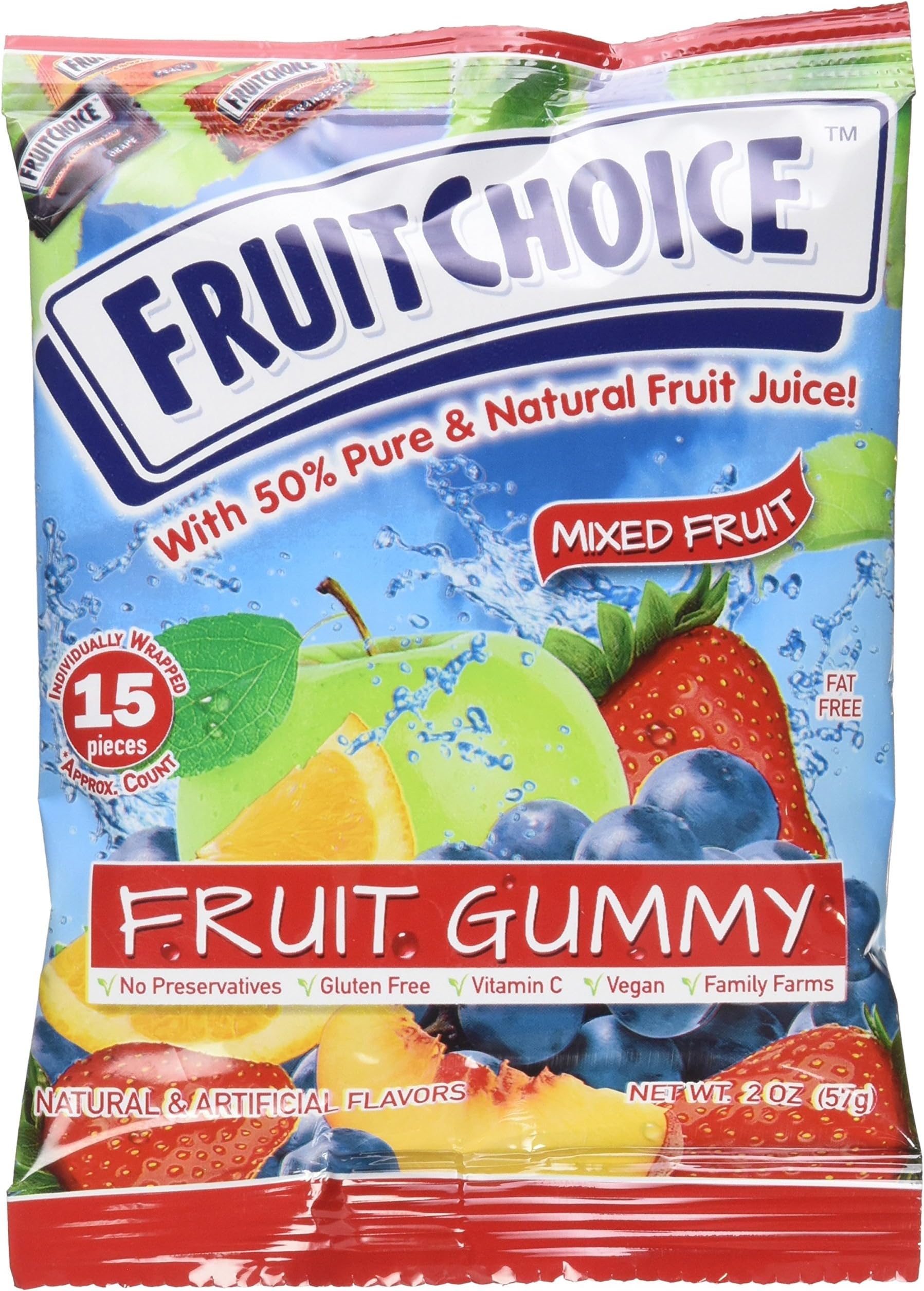 Fruit Choice Gummy Fruit Mix Display with 24 bags of 2 oz each