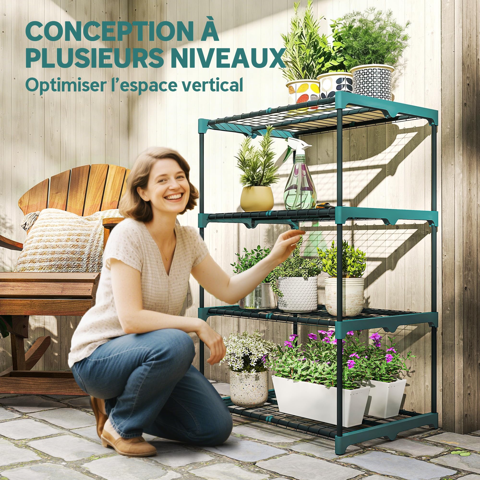 Outsunny Étagère à Fleurs en Acier 4 Niveaux Intérieur et Extérieur, Support de Plantes, Étagère à Plantes pour Jardin, Balcon, Salon, 67 x 49 x 105 cm, Vert