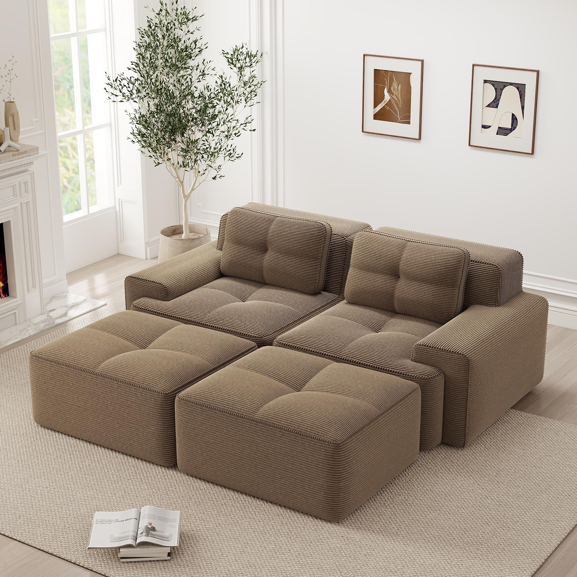 Divano modulare compresso 204 cm, divano a 2 posti con 2 pouf e 2 cuscini, comodo divano disossato in velluto a coste, divano ad angolo/divano letto per soggiorno