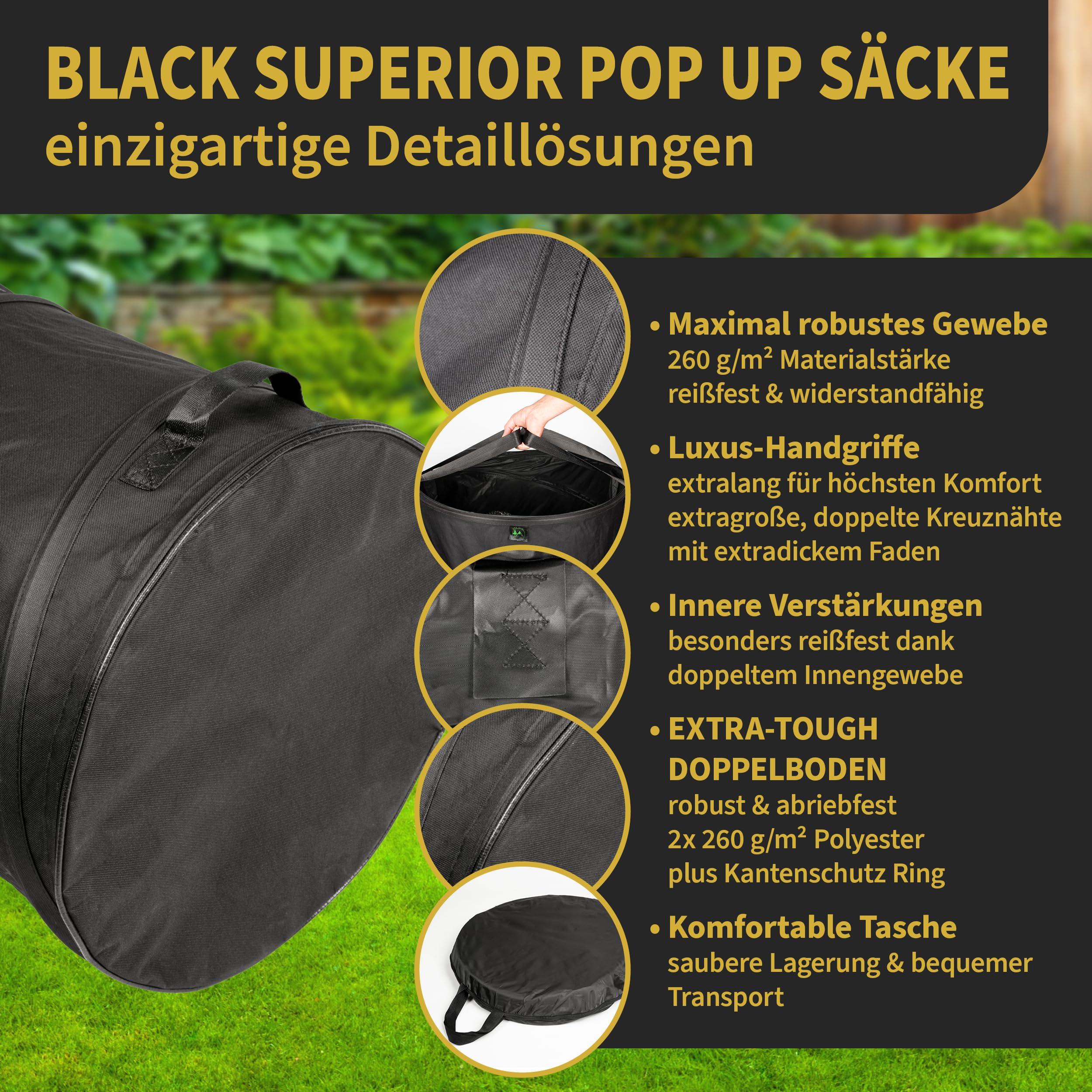TTL GARDEN BLACK SUPERIOR 3x 85L Pop Up Gartensack - DOPPELTER BODEN 260gsm extra stabil 600D Oxford 3er Set 85 Liter Gartenabfallsack Laubsack faltbar Grünschnitt Garten Abfall selbstaufstellend