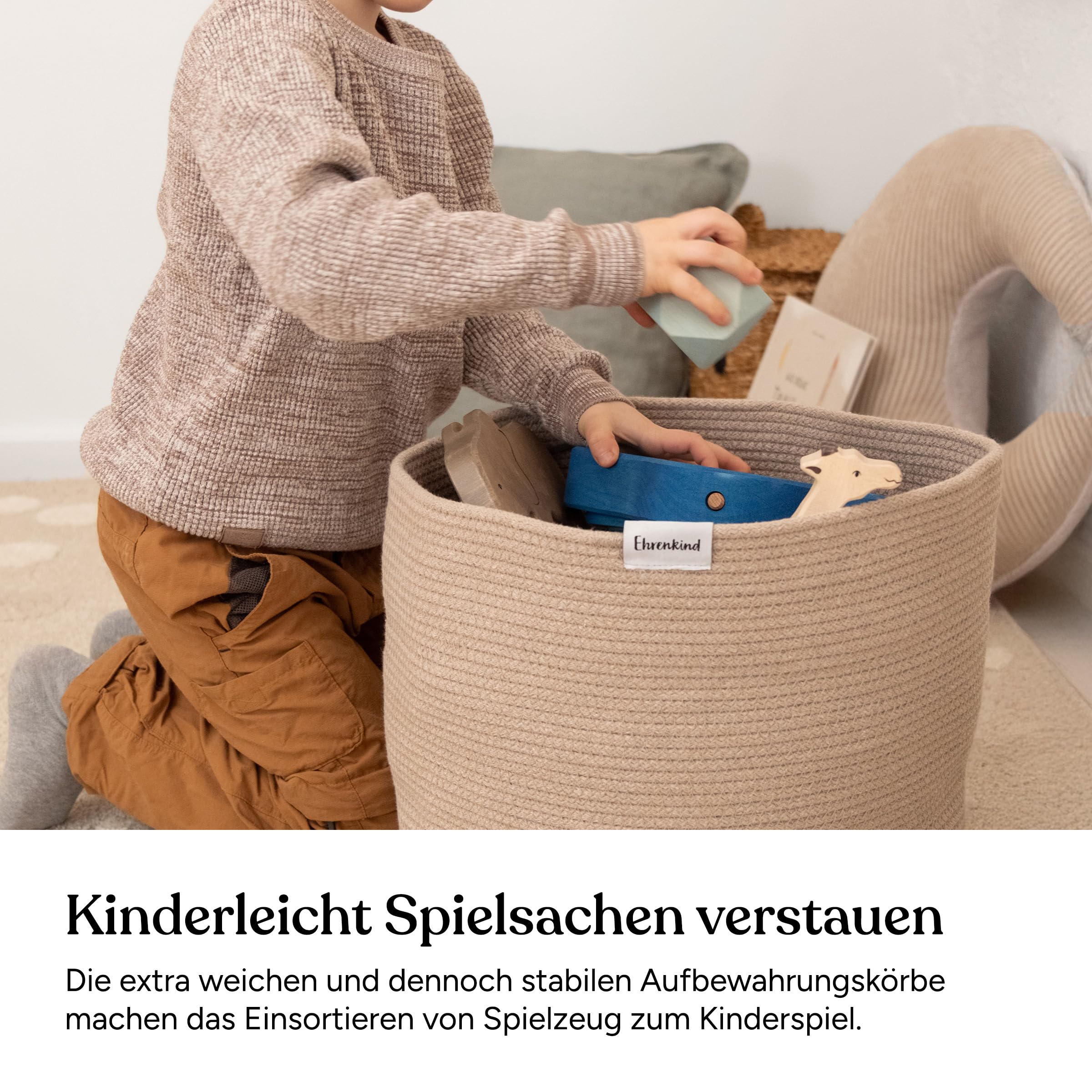 Ehrenkind® Aufbewahrungskorb – Spielzeugkorb für Kinder | In 3 Größen & Farben | Robustes Seilmaterial | Ideal als Wäschekorb oder Spielzeugaufbewahrung | 32x32 cm | Beige