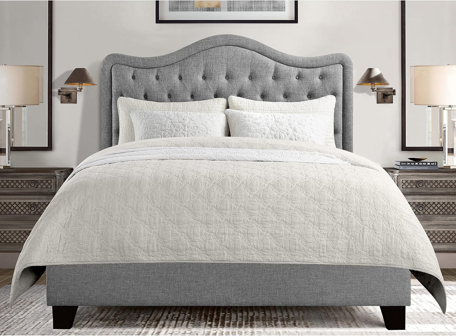 Rosevera Grayson Upholstered Fine Polyester Tufted Button Easy Assemble with Adjustable Height Headboard Bed for Bedroom, Twin, Dove Gray