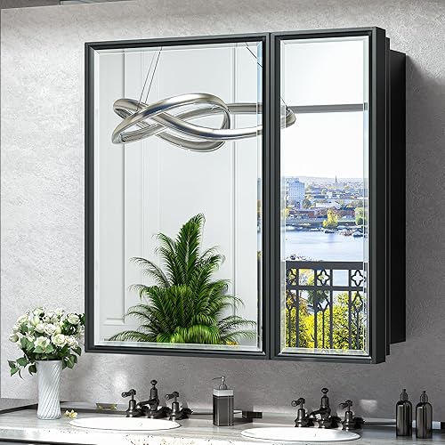 TokeShimi Botiquín de 30 x 32 pulgadas, espejo de tocador de baño, marco de metal negro, empotrado o montado en la pared, con bordes biselados de